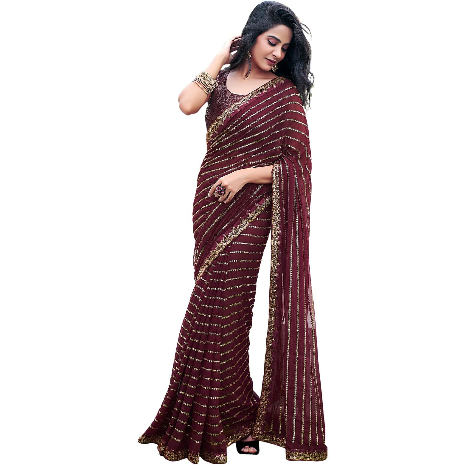 Satrani Women's Georgette Sequence Work Saree with Unstitched Blouse Piece (3775S102N_Brown)