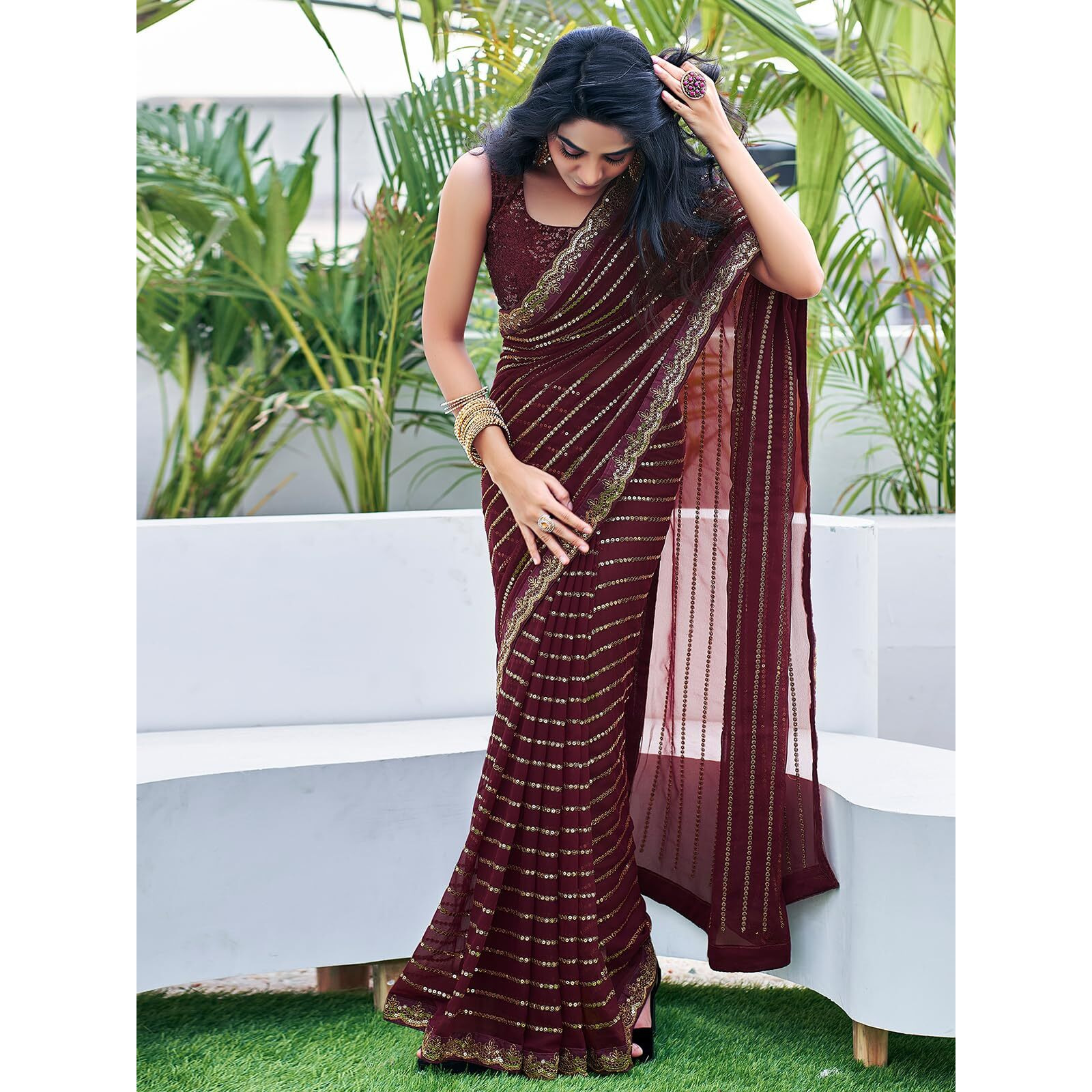 Satrani Women's Georgette Sequence Work Saree with Unstitched Blouse Piece (3775S102N_Brown)
