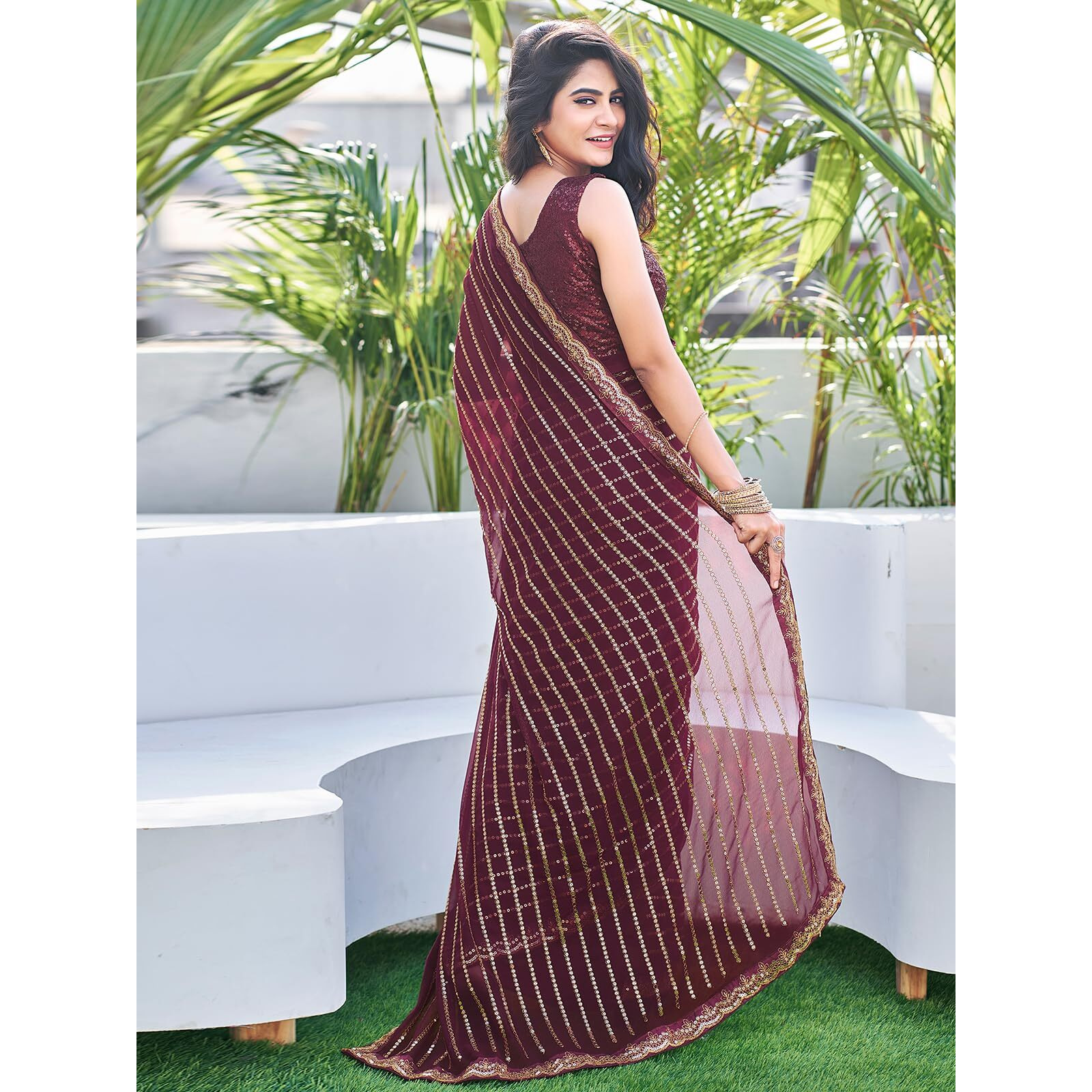 Satrani Women's Georgette Sequence Work Saree with Unstitched Blouse Piece (3775S102N_Brown)