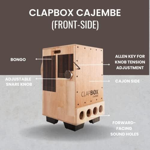 Clapbox Cajembe Cajon (4 instruments in 1) - Rubber wood (H50 W30 L30) 3 Internal Snares, Natural