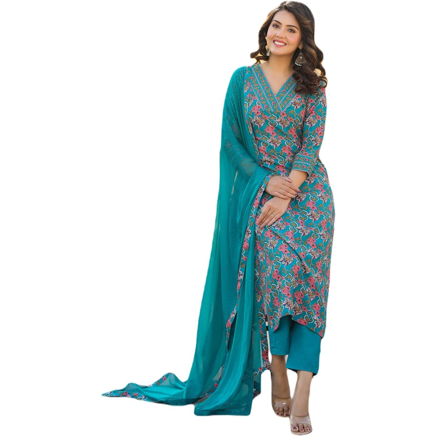 GoSriKi Women's Rayon Blend Printed Straight Kurta with Pant & Dupatta (Shaniya Green-NJW-GS_S_Green_Small)