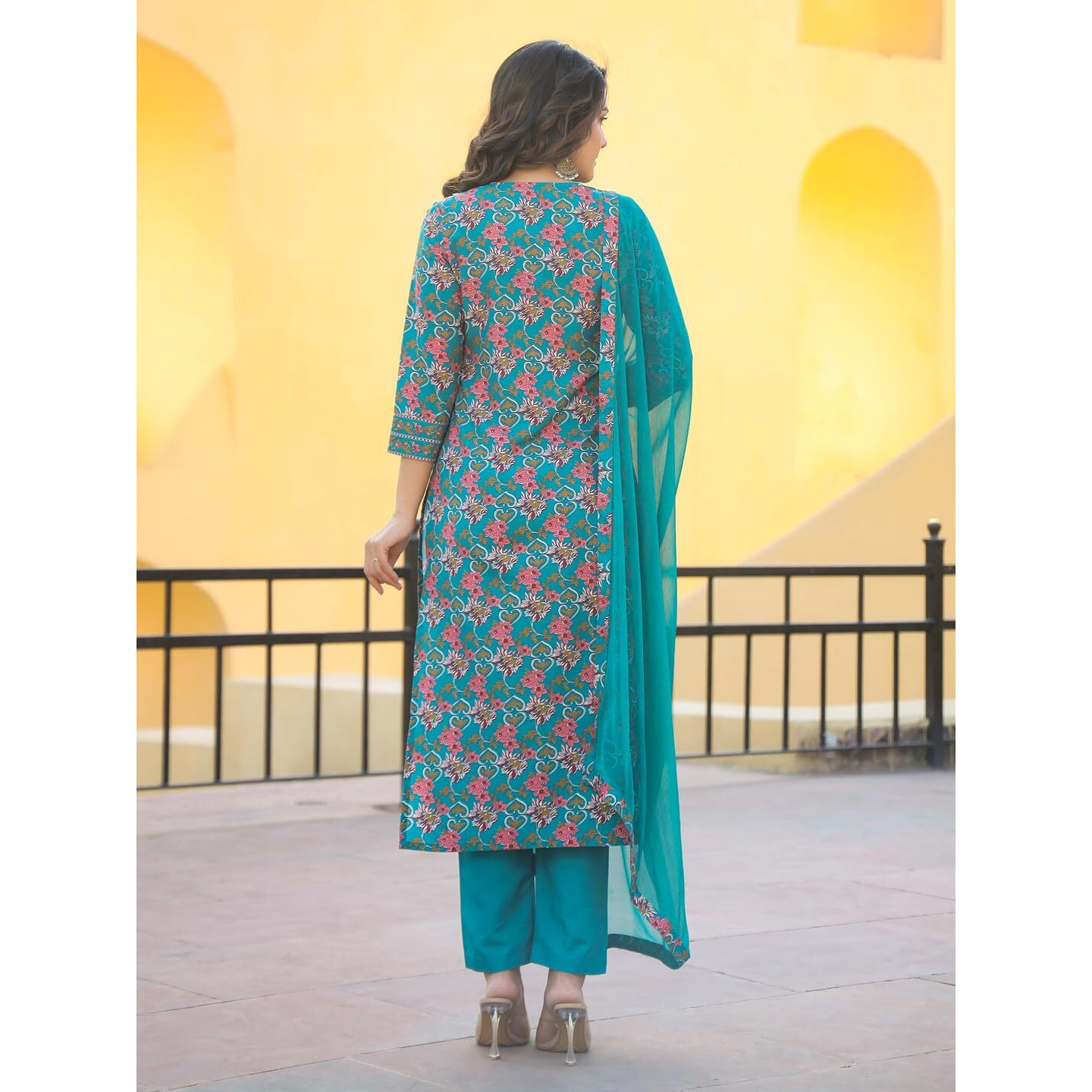 GoSriKi Women's Rayon Blend Printed Straight Kurta with Pant & Dupatta (Shaniya Green-NJW-GS_S_Green_Small)