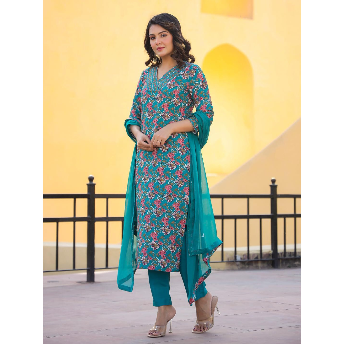 GoSriKi Women's Rayon Blend Printed Straight Kurta with Pant & Dupatta (Shaniya Green-NJW-GS_S_Green_Small)