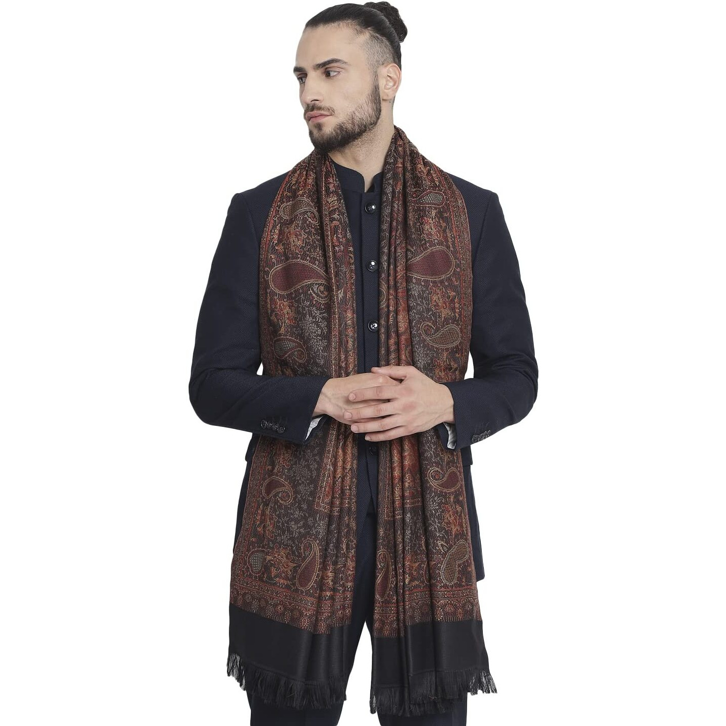 Pashtush Mens Jamawar Shawl, Faux Pashmina, Black