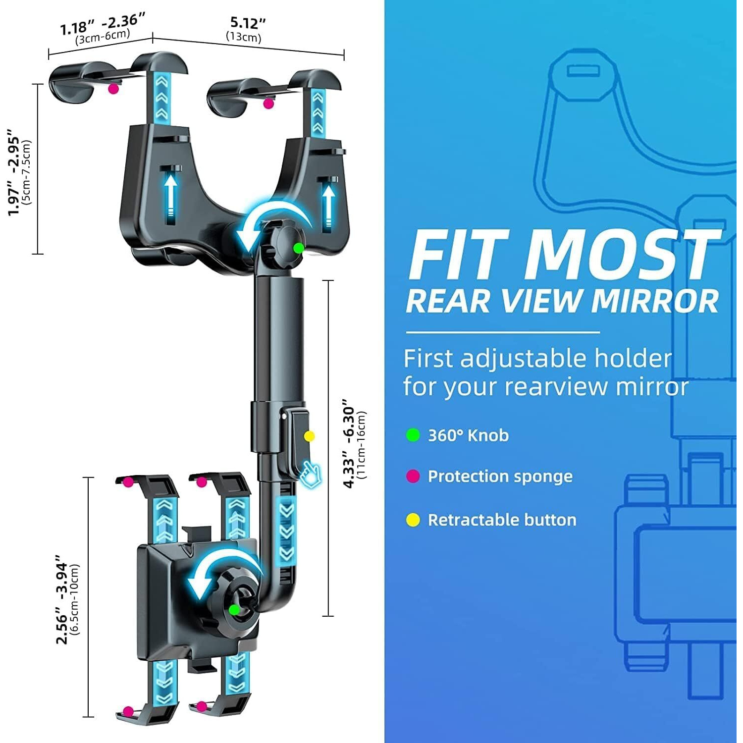 Sounce 360 Rotatable and Retractable Car Phone Holder Multifunctional Car Rearview Mirror Phone Holder, 360 Degree Rotatable Rear View Mirror Phone Mount, for All Mobile Phones
