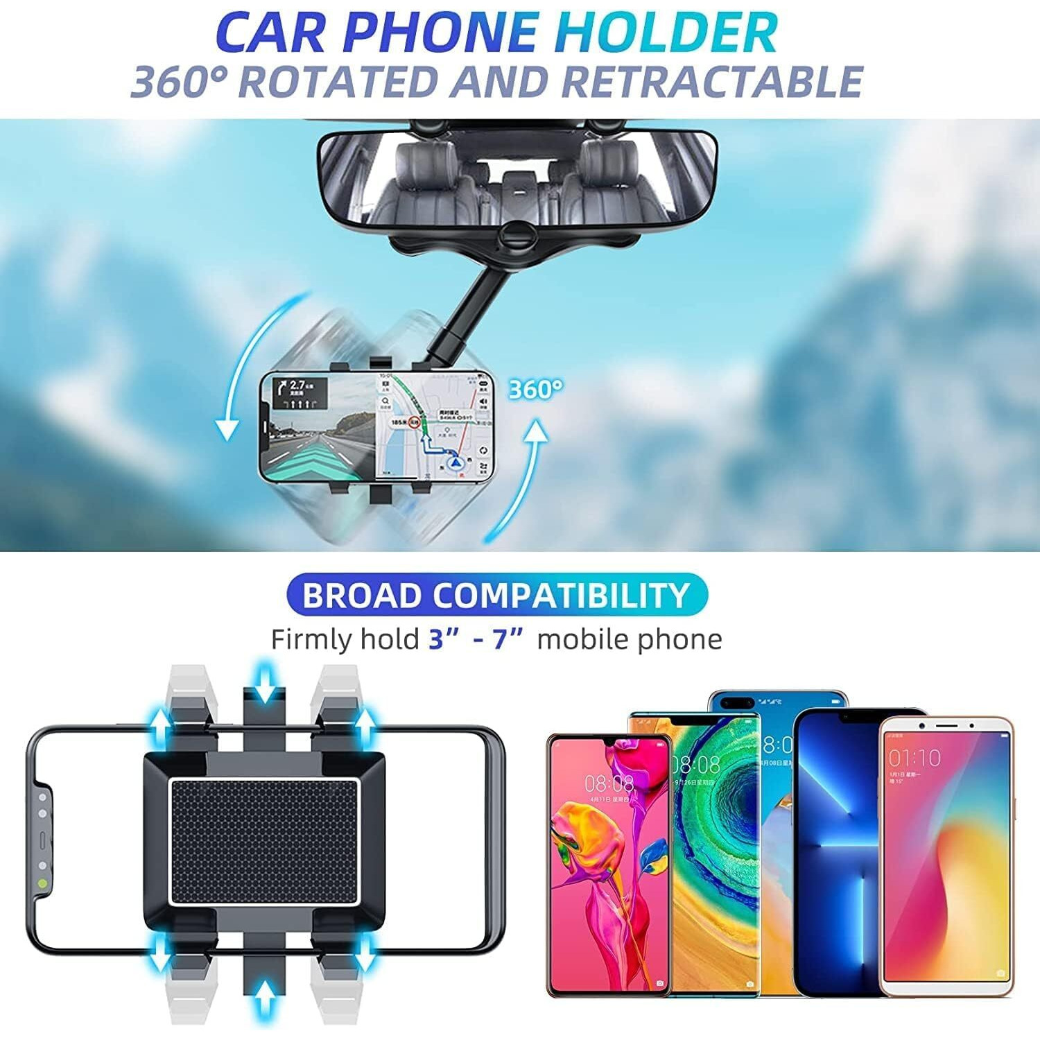 Sounce 360 Rotatable and Retractable Car Phone Holder Multifunctional Car Rearview Mirror Phone Holder, 360 Degree Rotatable Rear View Mirror Phone Mount, for All Mobile Phones