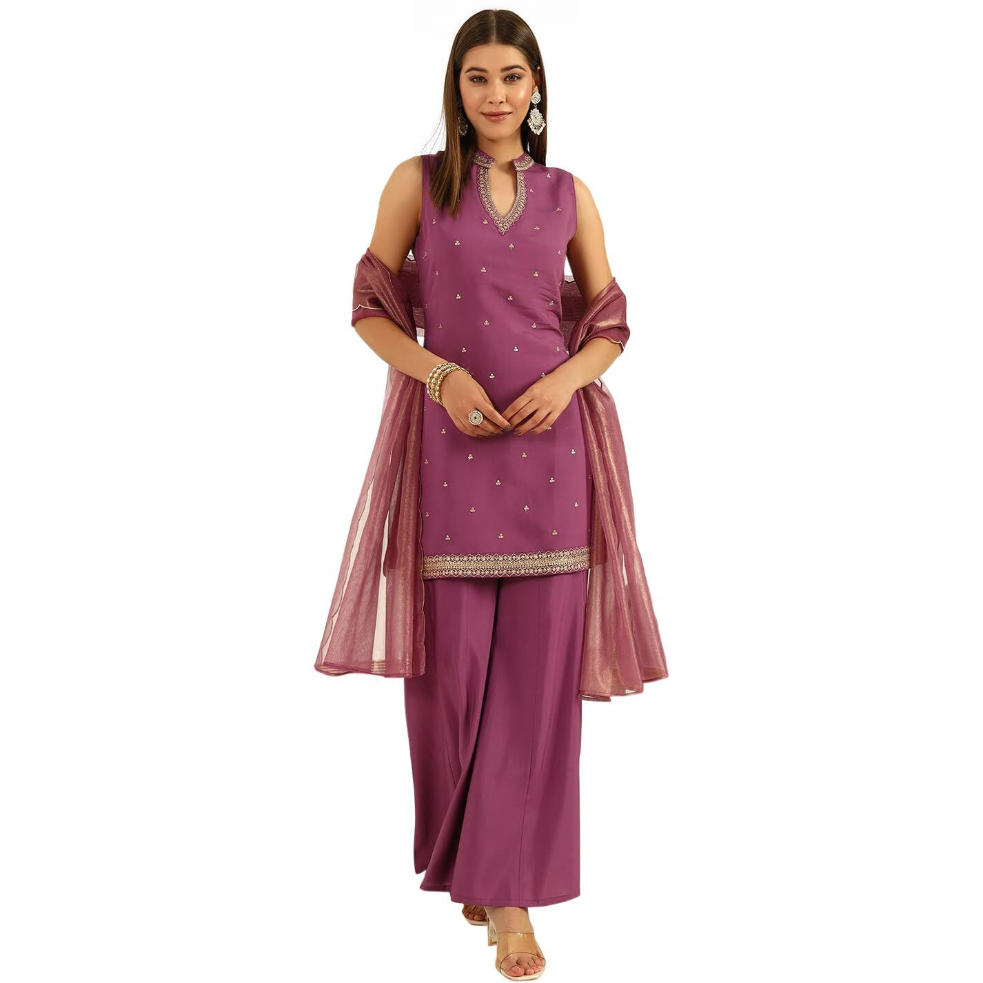FIORRA Women's Lavender Viscose Chanderi Straight Kurta with Palazzo and Dupatta SET0176