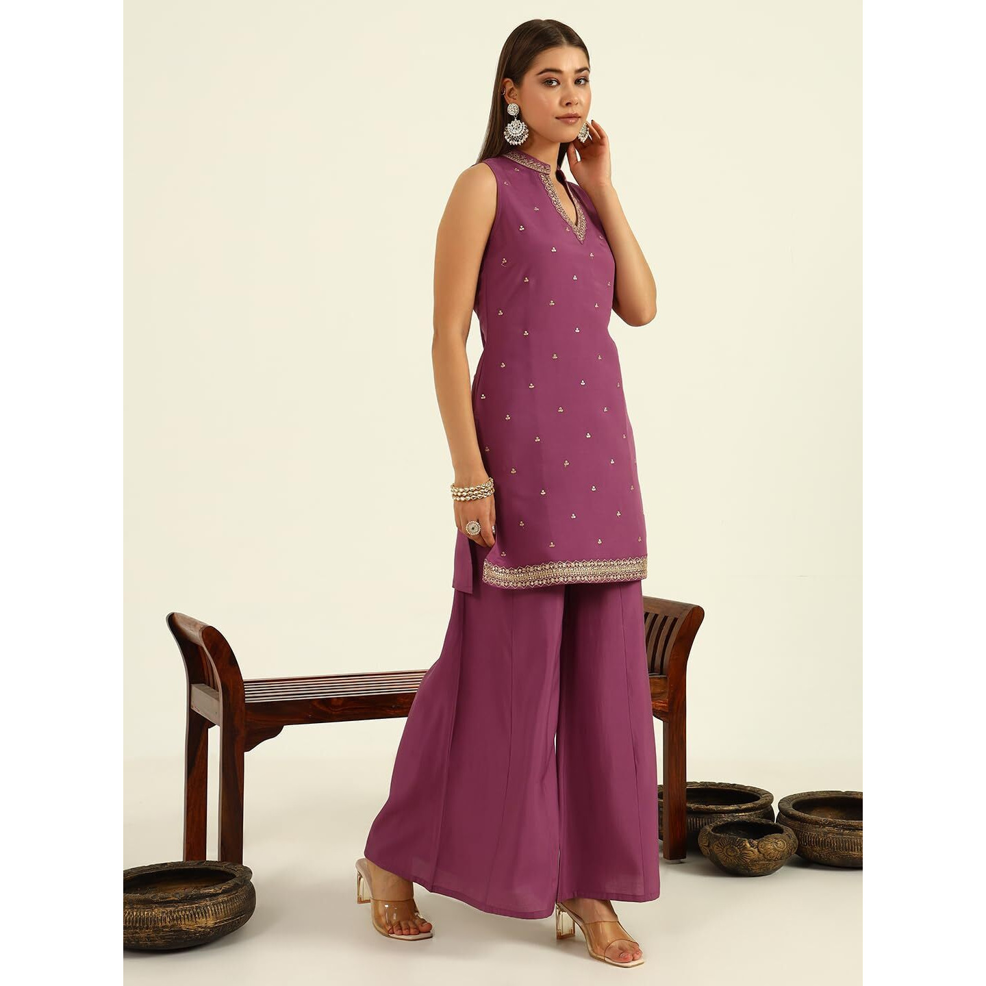 FIORRA Women's Lavender Viscose Chanderi Straight Kurta with Palazzo and Dupatta SET0176
