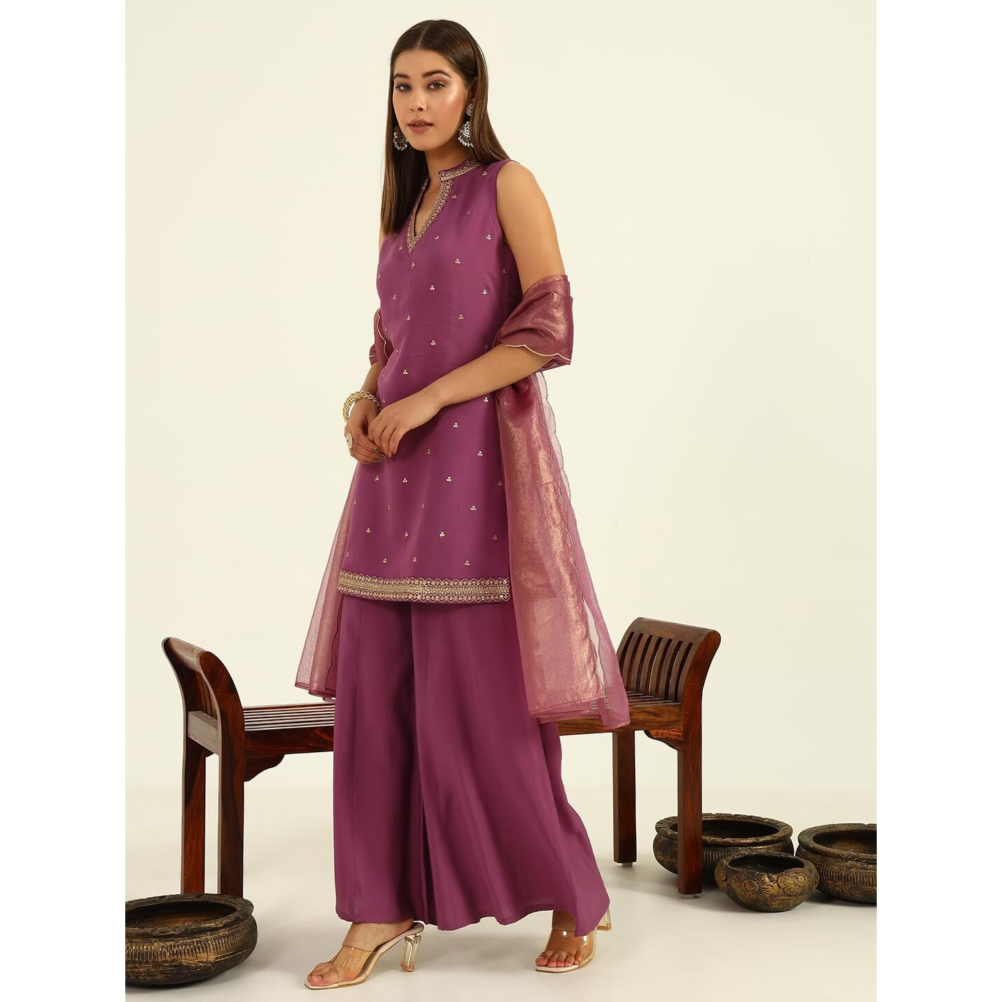 FIORRA Women's Lavender Viscose Chanderi Straight Kurta with Palazzo and Dupatta SET0176