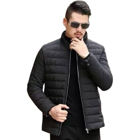 YOONIKK Men's Puffer Jacket, Quilted, Lightweight, Insulated, Zip-Up | Winter Bomber Jacket with Band Collar (IN, Alpha, L, Regular, Black)