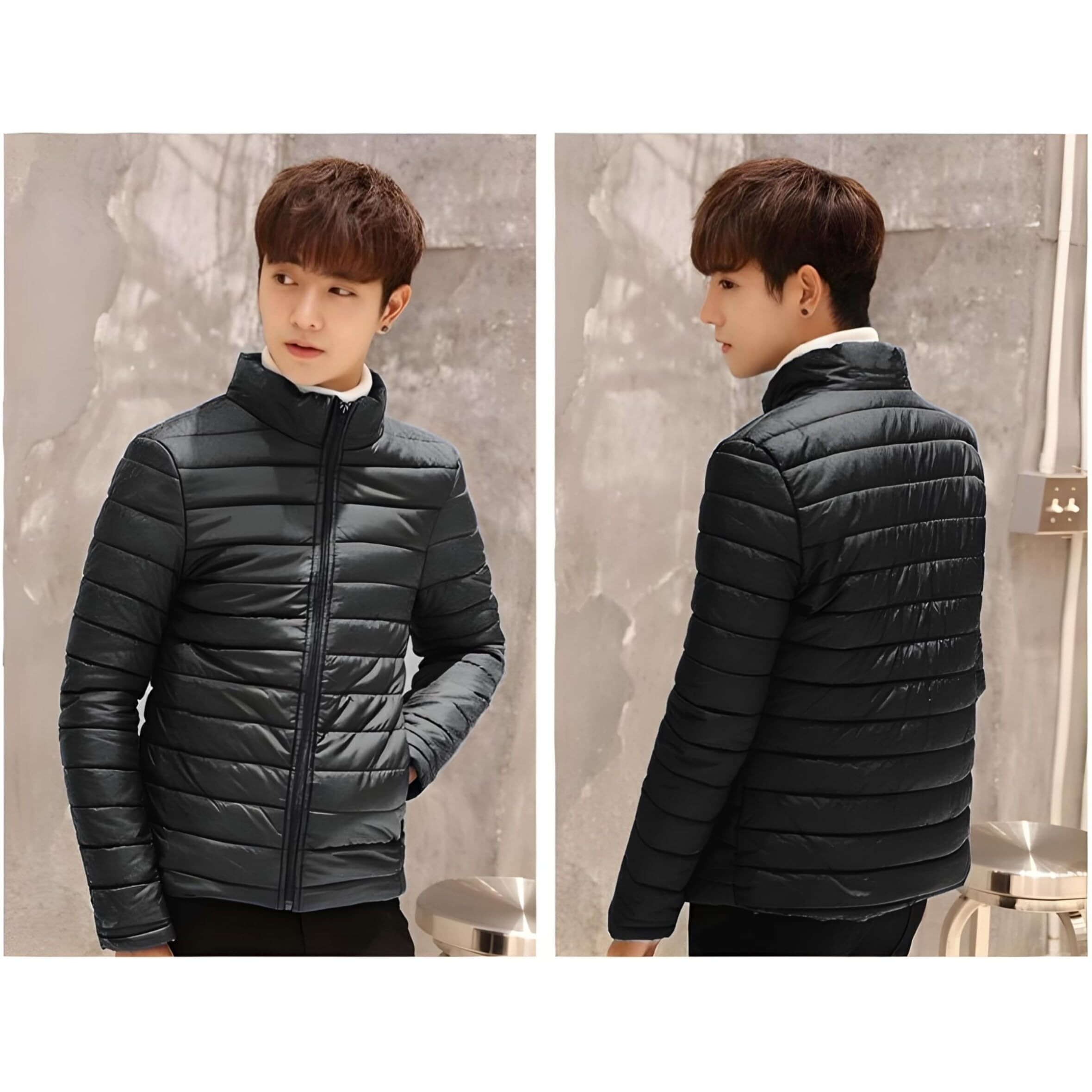 YOONIKK Men's Puffer Jacket, Quilted, Lightweight, Insulated, Zip-Up | Winter Bomber Jacket with Band Collar (IN, Alpha, L, Regular, Black)