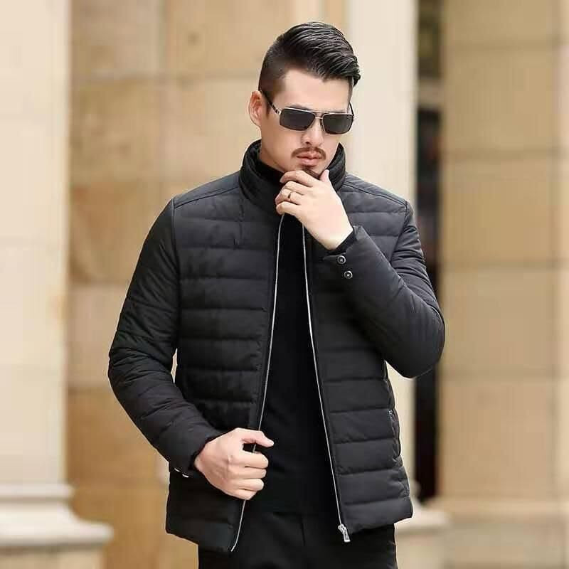 YOONIKK Men's Puffer Jacket, Quilted, Lightweight, Insulated, Zip-Up | Winter Bomber Jacket with Band Collar (IN, Alpha, L, Regular, Black)