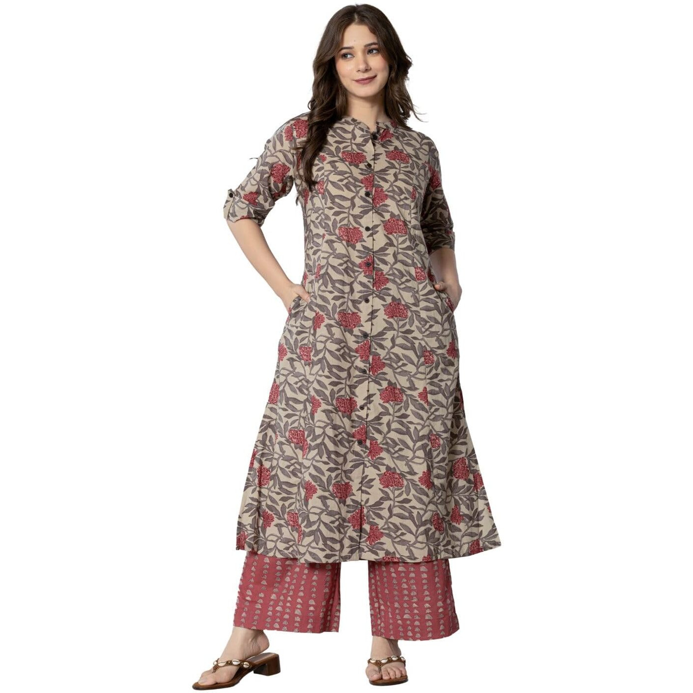 rytras Women's Cotton Printed A-Line Kurta with Palazzo Pant Set(Maroon,RYT583,M)