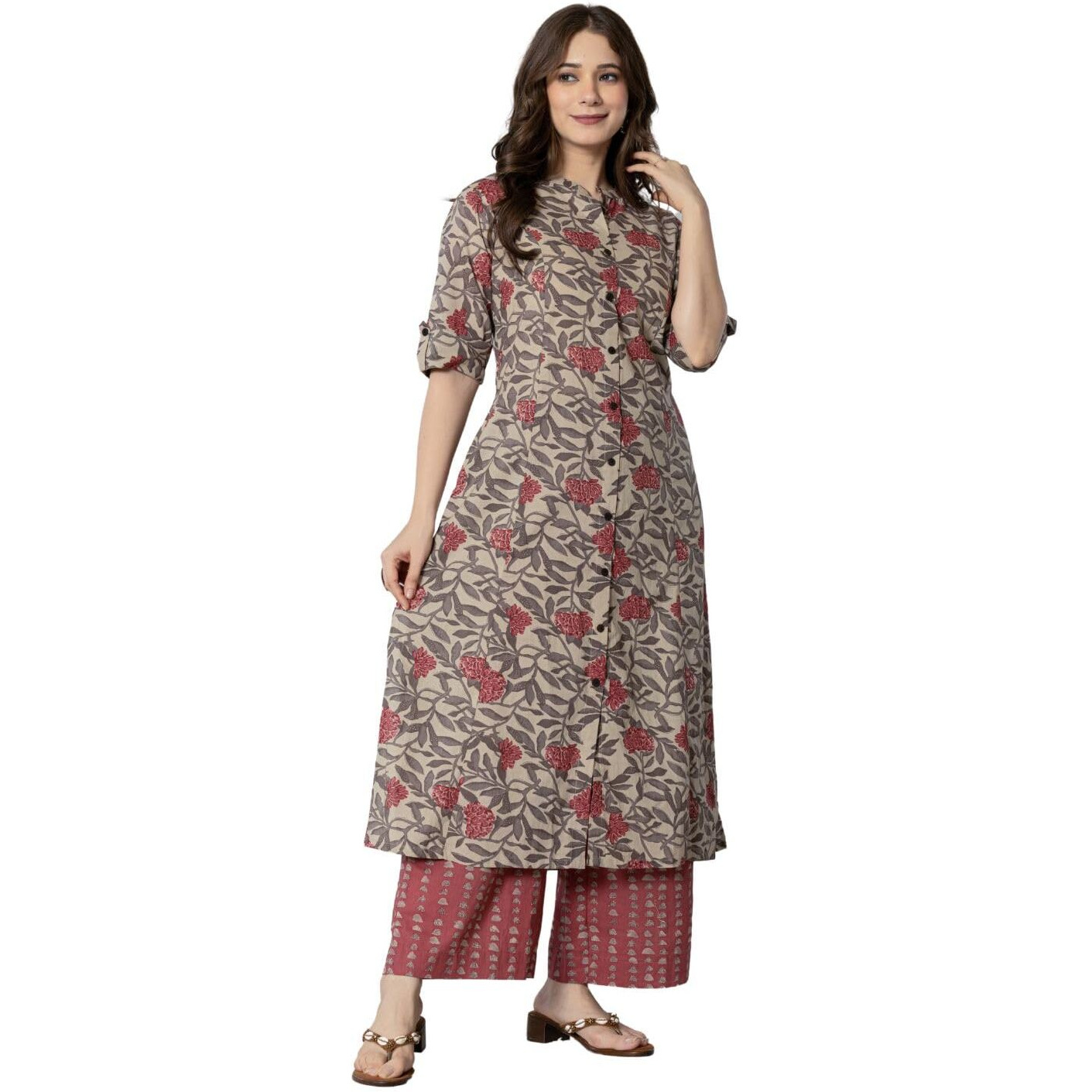 rytras Women's Cotton Printed A-Line Kurta with Palazzo Pant Set(Maroon,RYT583,M)