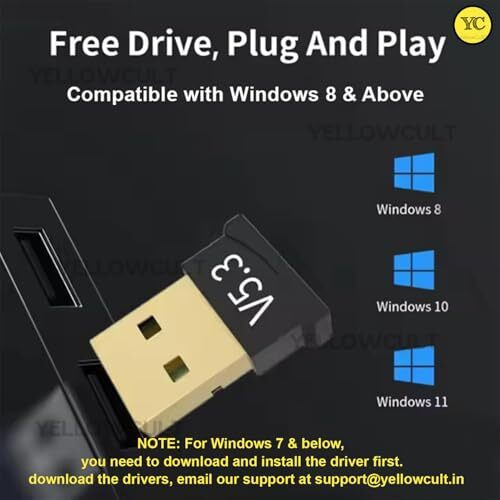 YellowCult USB Bluetooth Adapter, 5.3 Bluetooth Adapter for PC, Bluetooth Dongle Receiver & Transmitter for Laptop CPU Keyboard Mouse Headphone Speakers Printer, Plug & Play for Windows 11/10/8.1
