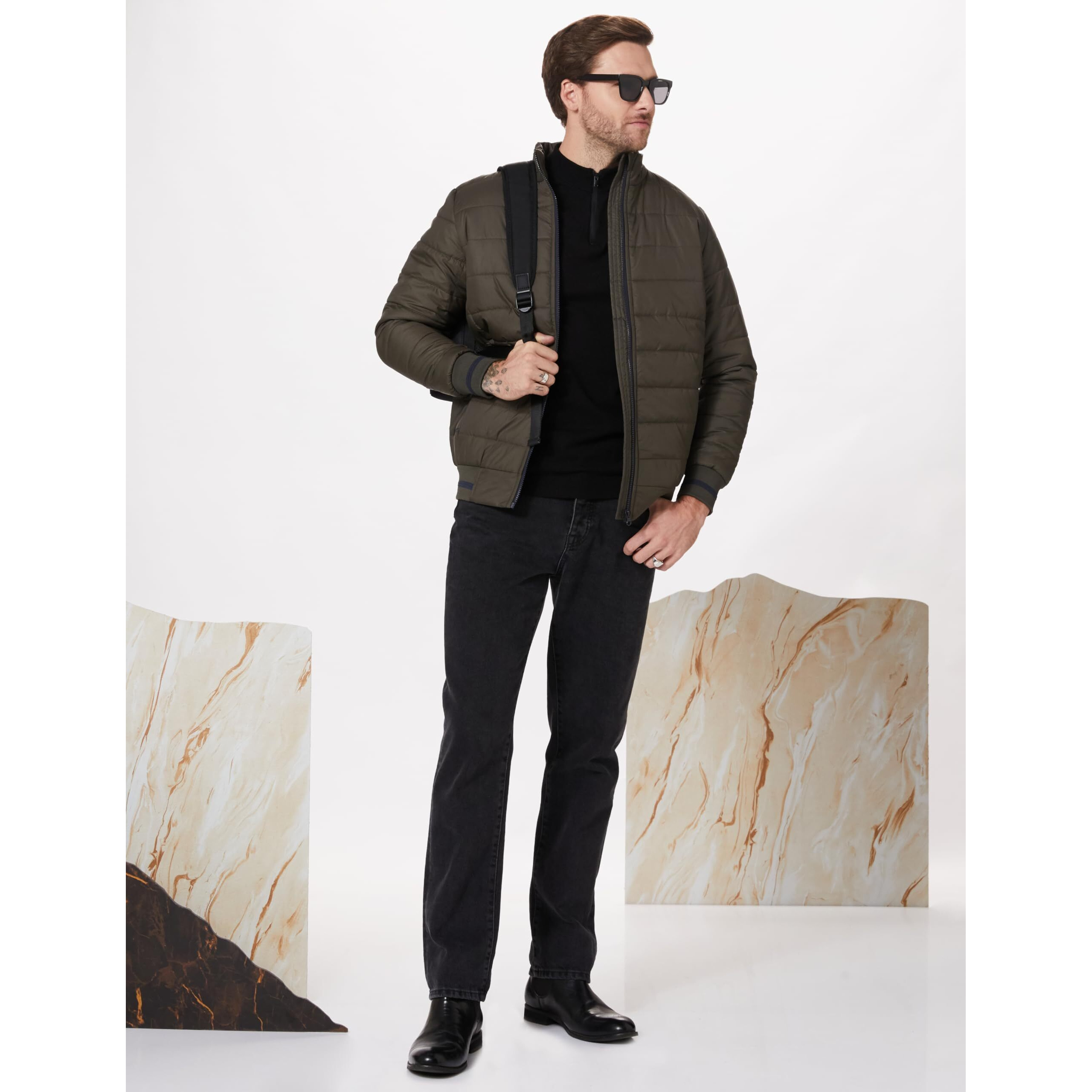 Amazon Brand - Symbol Men's Quilted Bomber Winter Jacket with Band Collar (AW20-QB-SY-05_Olive_M_Olive_M)