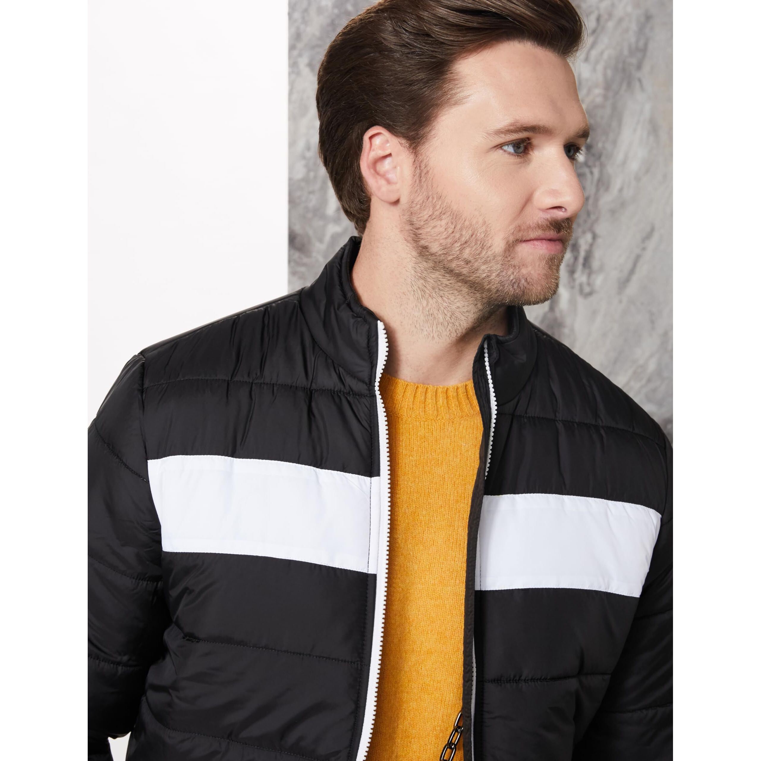 Amazon Brand - House & Shields Symbol Polyester Men's Quilted Standard Length Bomber Jacket Black M, Medium