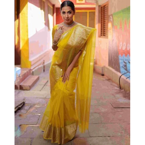 Yashika Women's Plain Organza Saree with Floral Woven Border and Unstitched Blouse Material (AZ-YS-OG1-ORGANZA Yellow
