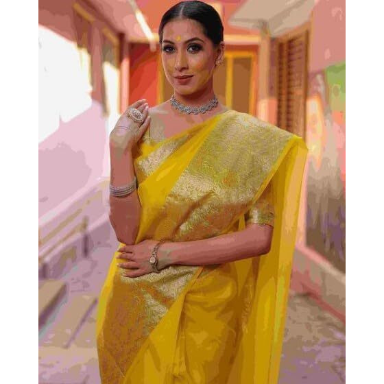 Yashika Women's Plain Organza Saree with Floral Woven Border and Unstitched Blouse Material (AZ-YS-OG1-ORGANZA Yellow