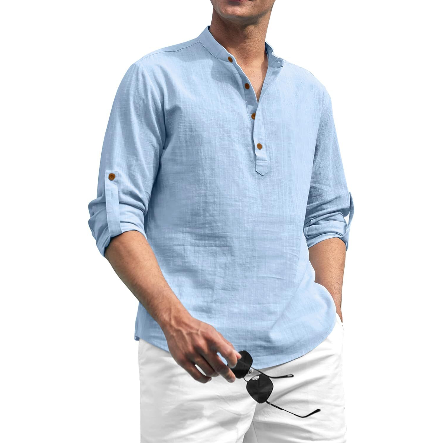 Zombom Cotton Blend Solid Casual Regular Fit Mandarin/Chinese Collor Short Kurta for Men Sky Blue
