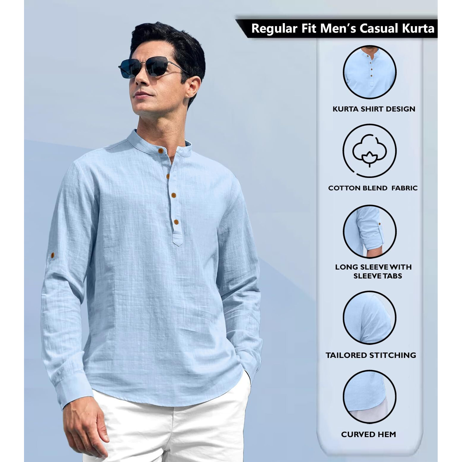 Zombom Cotton Blend Solid Casual Regular Fit Mandarin/Chinese Collor Short Kurta for Men Sky Blue