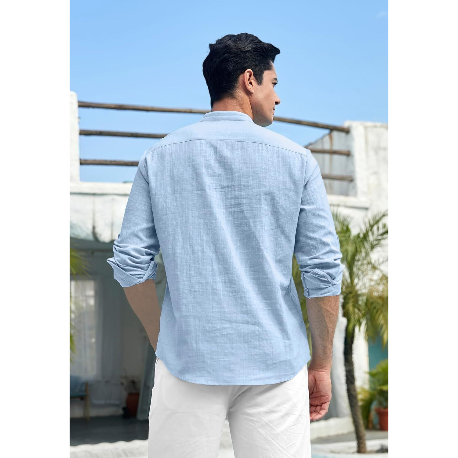 Zombom Cotton Blend Solid Casual Regular Fit Mandarin/Chinese Collor Short Kurta for Men Sky Blue