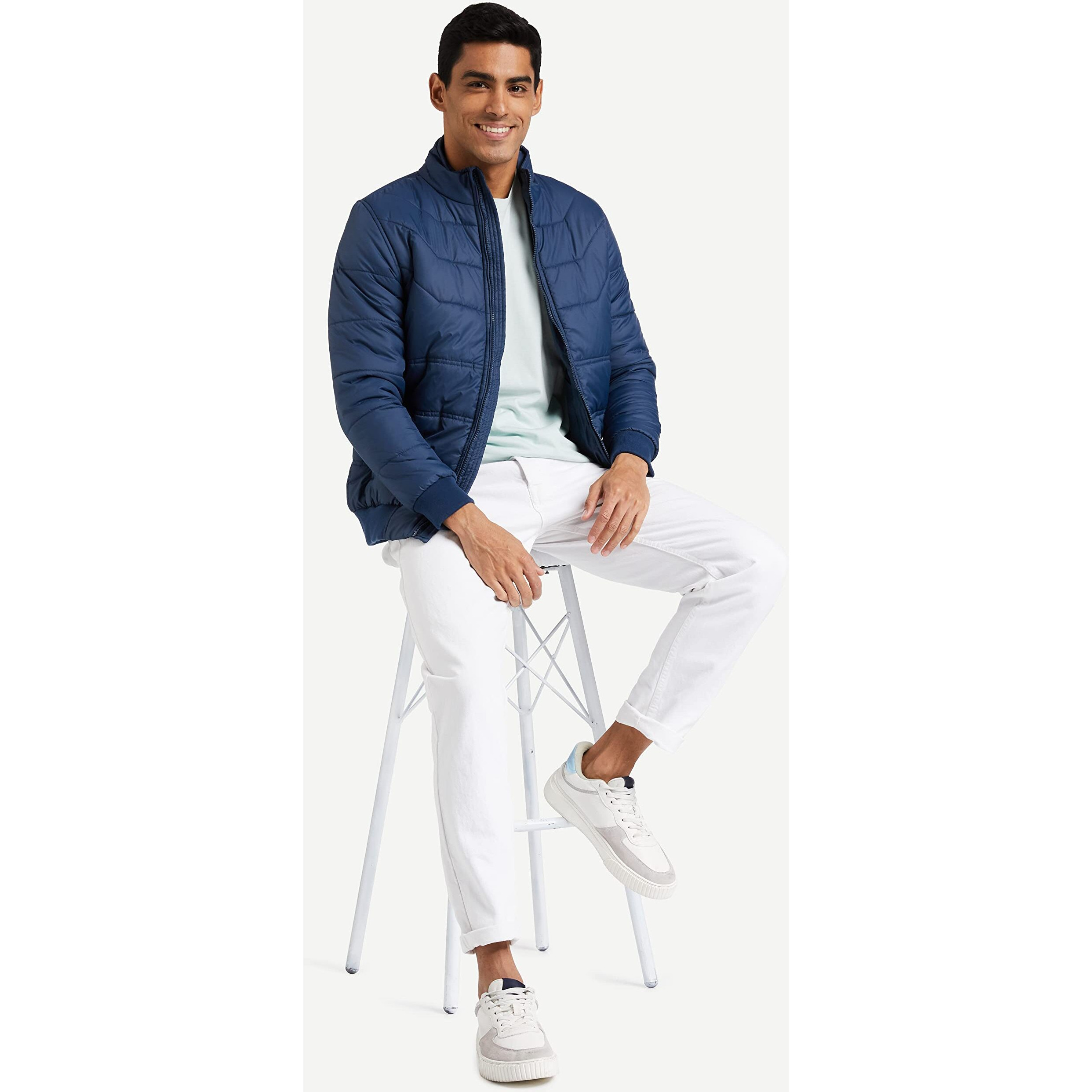 Amazon Brand - Symbol Men's Polyester Solid Standard Length Bomber Jacket (Aw20-Qb-Sy-01_Navy_M_Navy Blue_M)