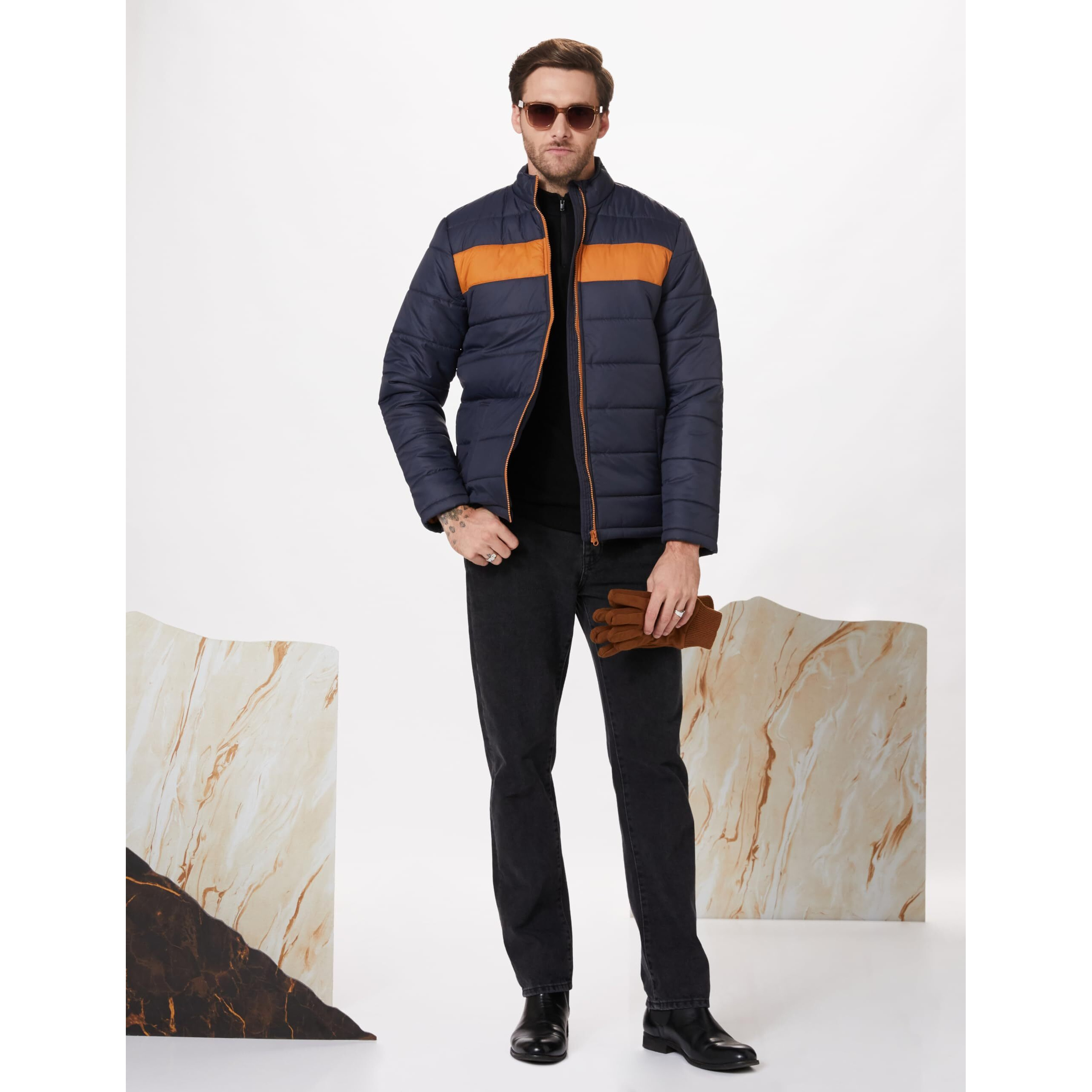 Amazon Brand - House & Shields Men's Quilted Polyester Standard Length Jacket (Aw19-Hsj-06_Navy & Mustard_Xl)