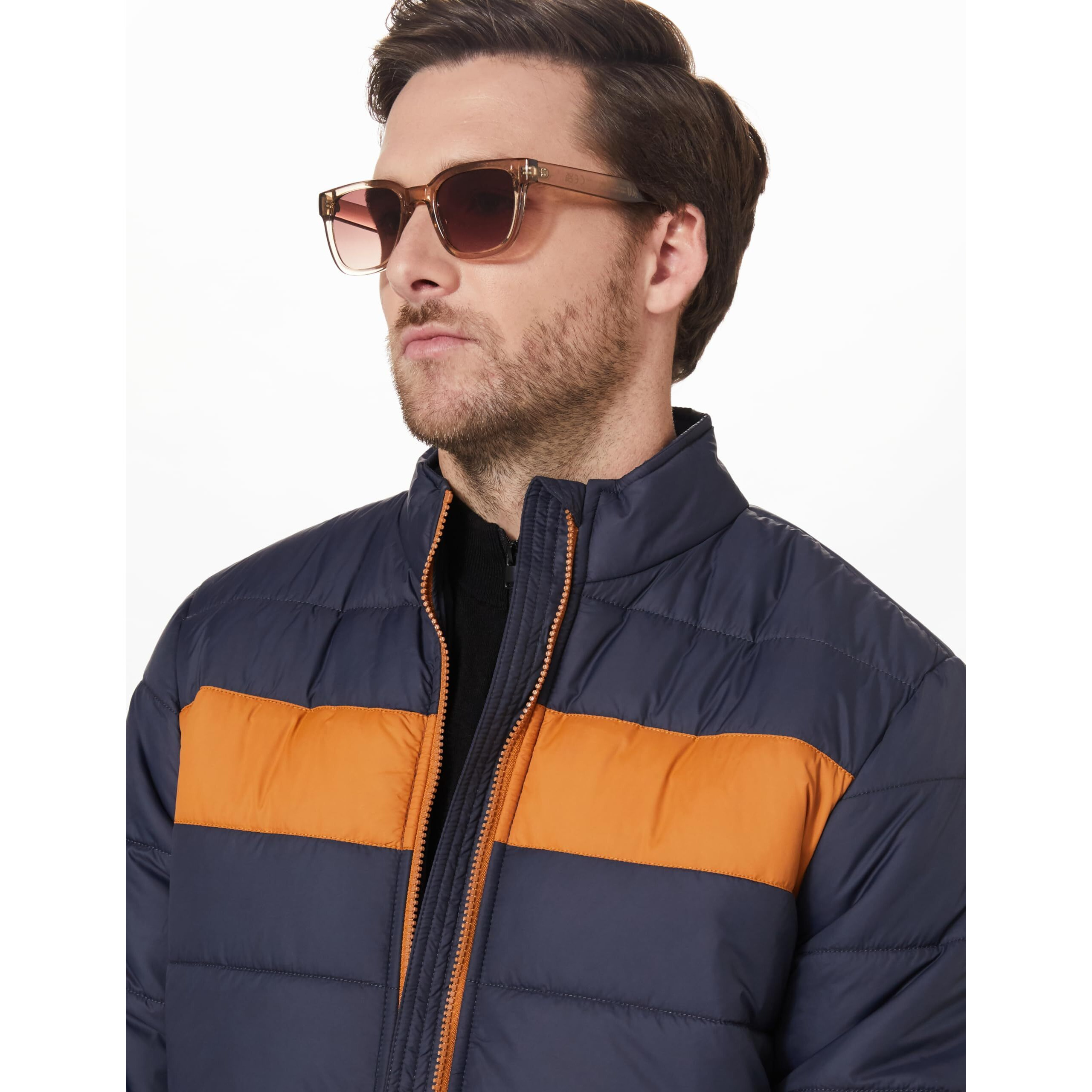 Amazon Brand - House & Shields Men's Quilted Polyester Standard Length Jacket (Aw19-Hsj-06_Navy & Mustard_Xl)