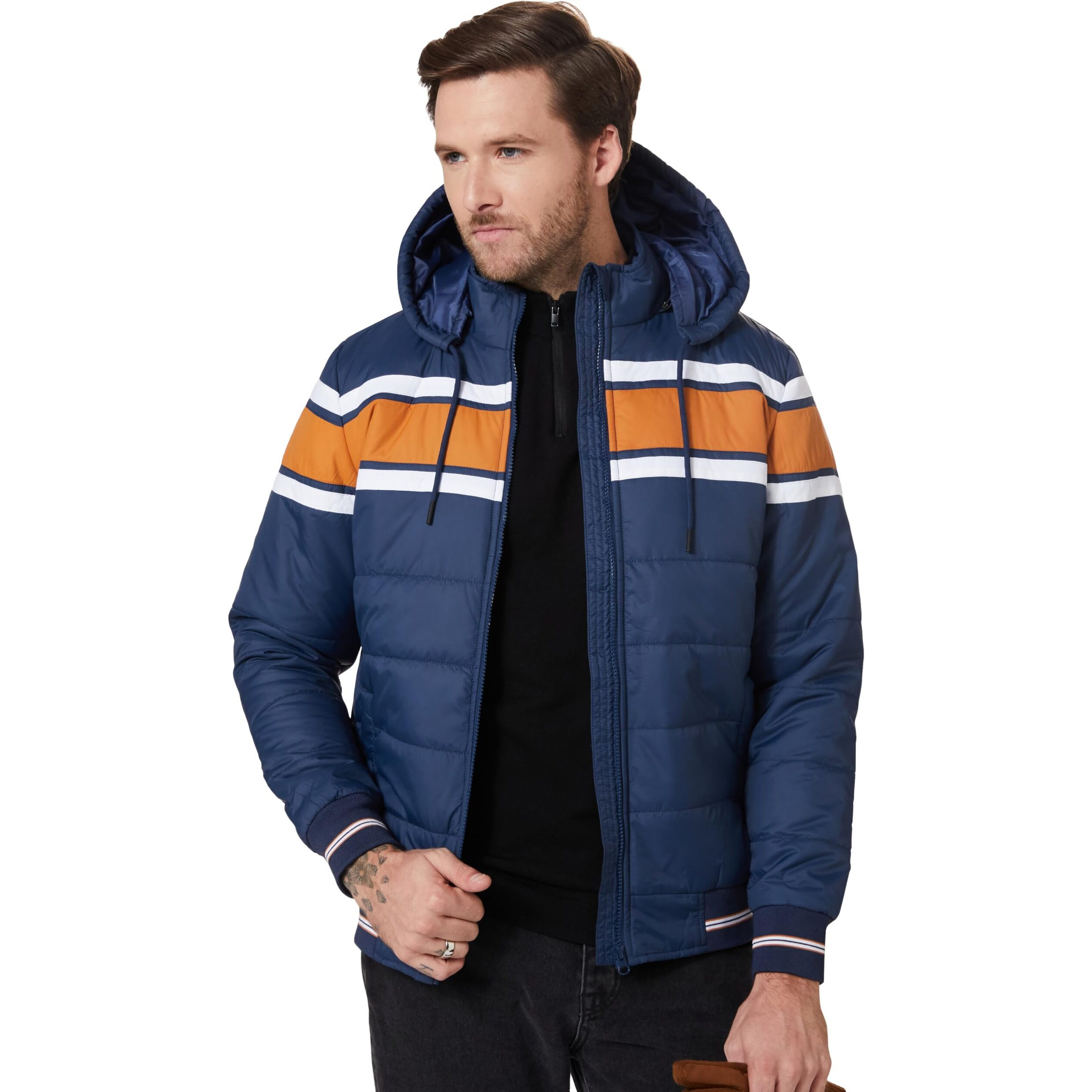 Amazon Brand - Symbol Men's Quilted Hooded Bomber Polyester Standard Length Jacket AW20-QH-HS-05_Denim_Medium