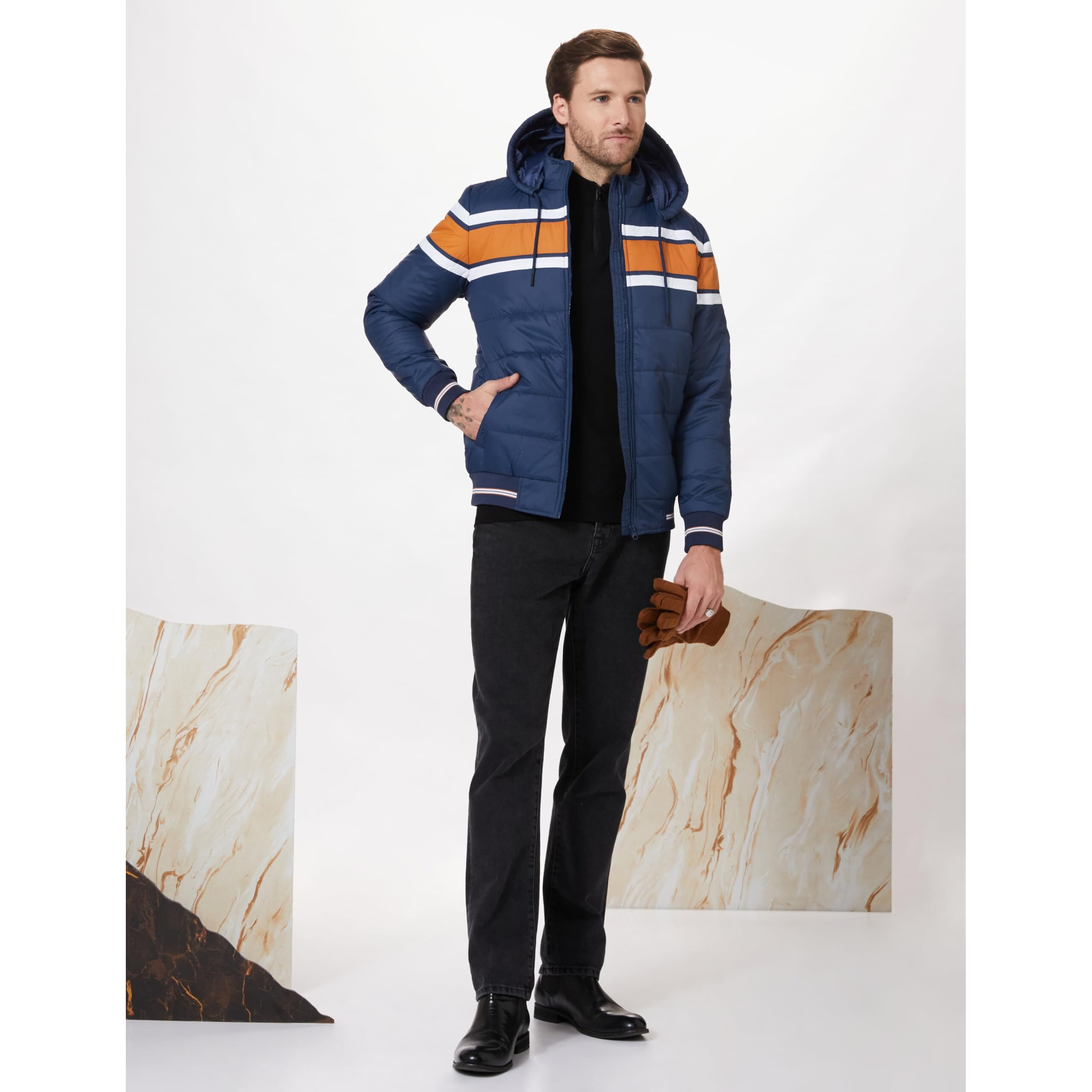 Amazon Brand - Symbol Men's Quilted Hooded Bomber Polyester Standard Length Jacket AW20-QH-HS-05_Denim_Medium