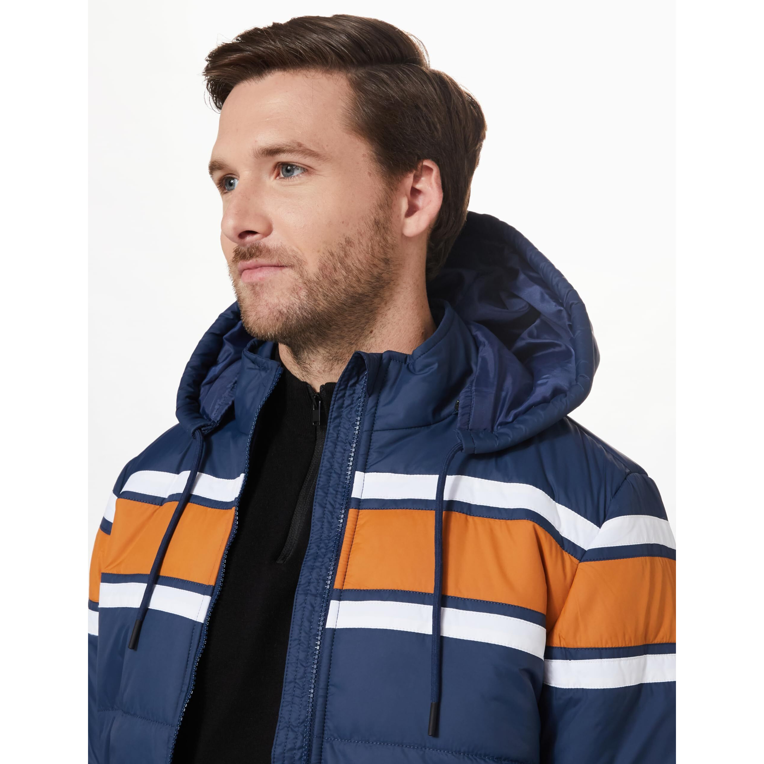 Amazon Brand - Symbol Men's Quilted Hooded Bomber Polyester Standard Length Jacket AW20-QH-HS-05_Denim_Medium