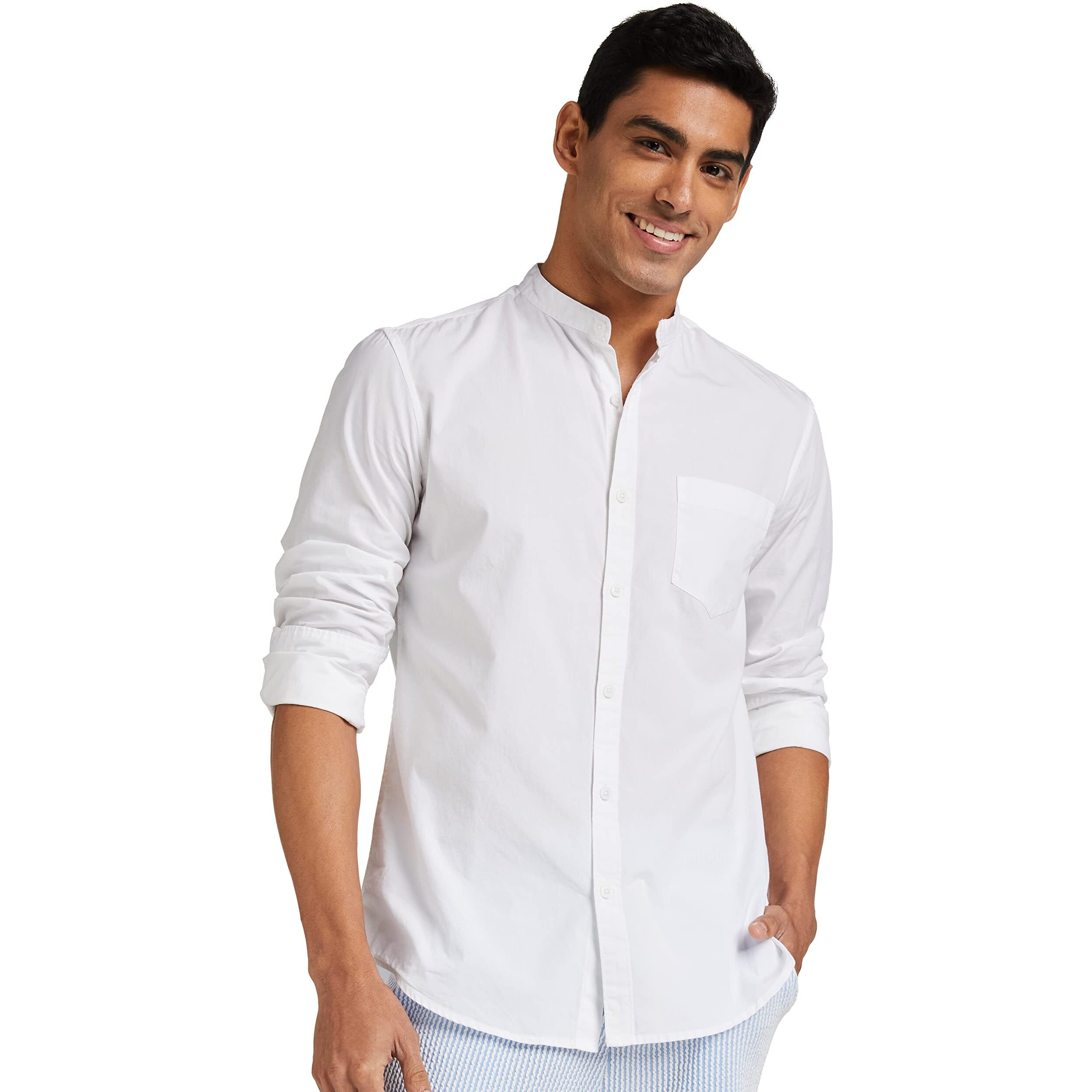 Amazon Brand - Symbol Men's Cotton Shirt | Chinese Collar | Casual | Plain | Full Sleeve | Summer - Regular Fit (Available in Plus Size) (White_XL)