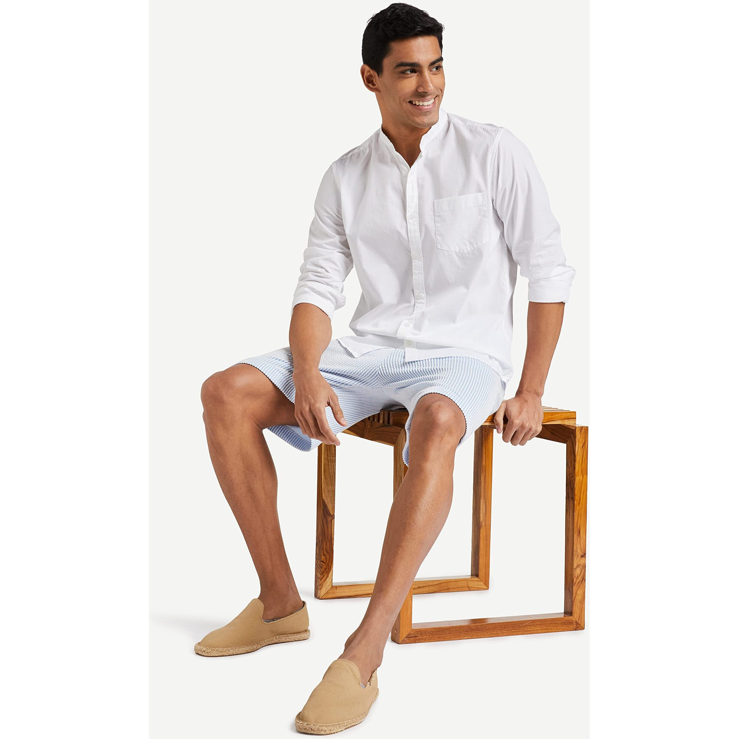 Amazon Brand - Symbol Men's Cotton Shirt | Chinese Collar | Casual | Plain | Full Sleeve | Summer - Regular Fit (Available in Plus Size) (White_XL)