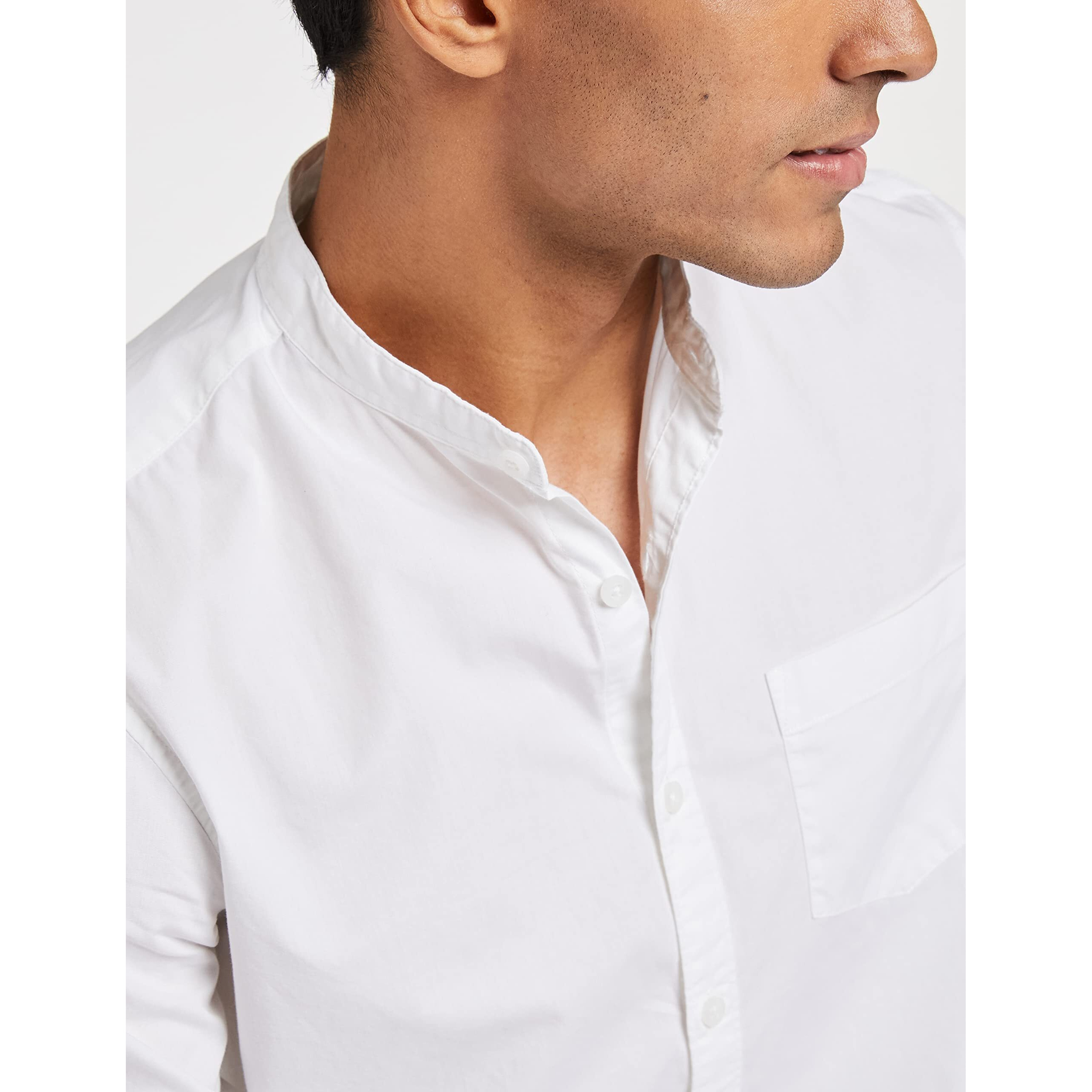 Amazon Brand - Symbol Men's Cotton Shirt | Chinese Collar | Casual | Plain | Full Sleeve | Summer - Regular Fit (Available in Plus Size) (White_XL)