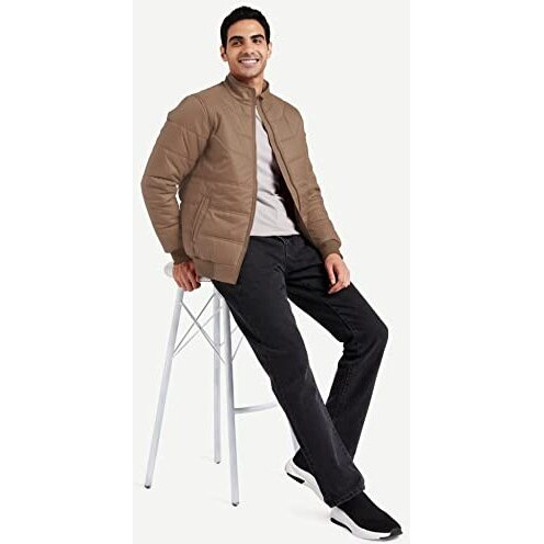 Amazon Brand - Symbol Men Polyester 's Essential Quilted Bomber Standard Length Jacket (Aw20-Qb-Sy-01_Khaki_X-Large)