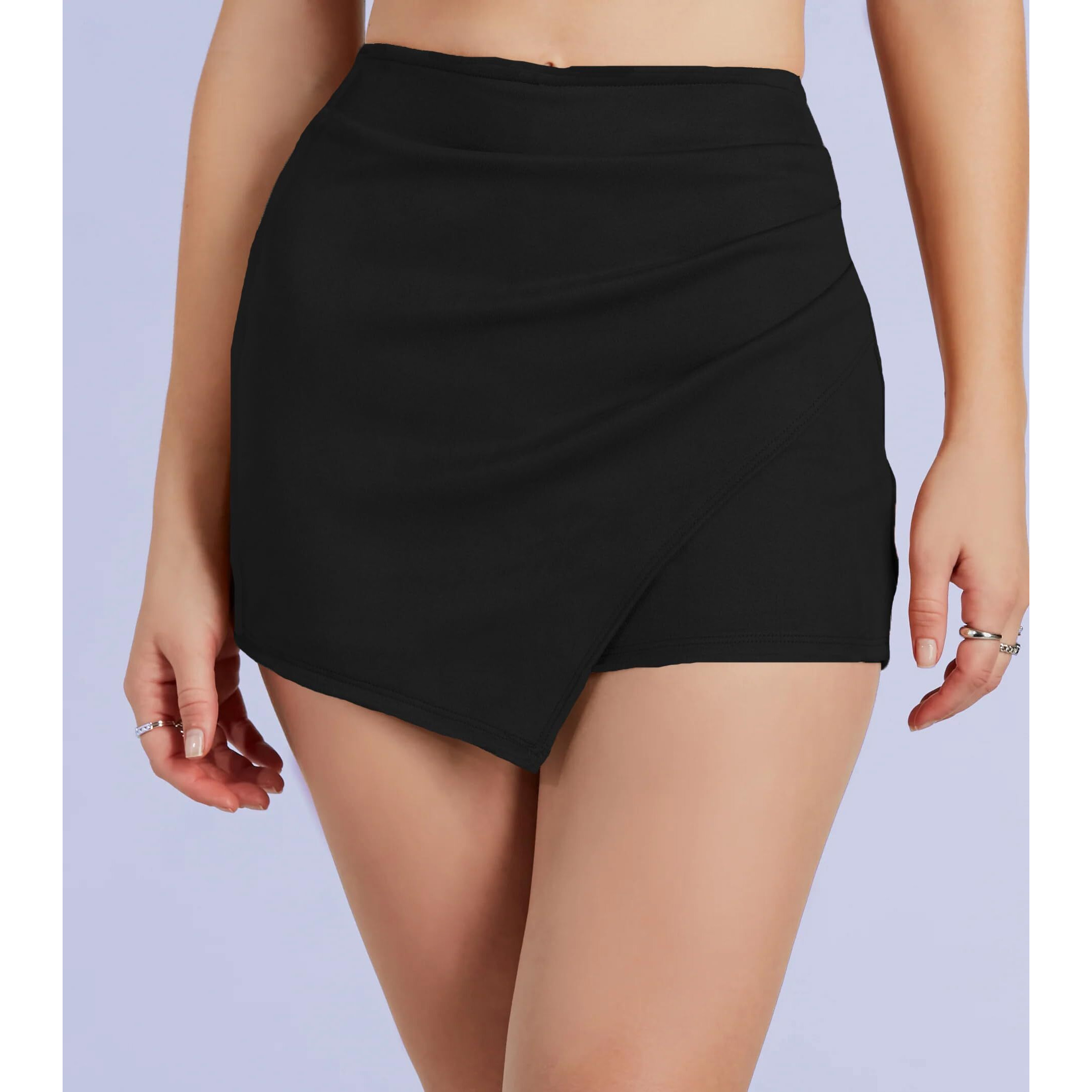 ADDYVERO High Rise Elasticated Waistband Women Above Knee/Mini Bodycon Wrap Skort/Shorts (Black, 32)