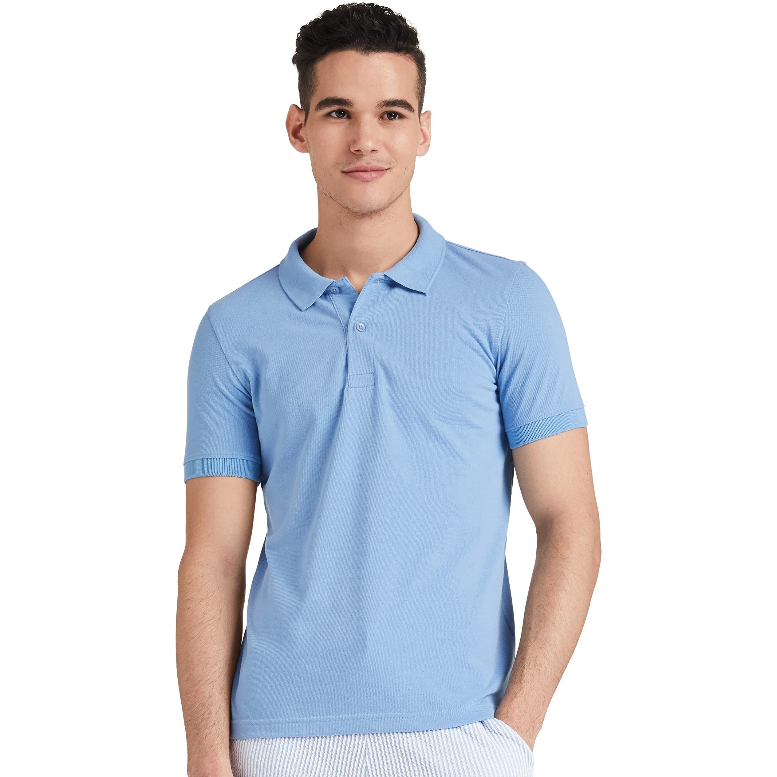 Amazon Brand - Symbol Men's Solid Cotton Rich Polo T Shirt | Collar Tshirts | Half Sleeves | Plain-Regular Fit (Sky blue_XL) (Available in Plus Size)