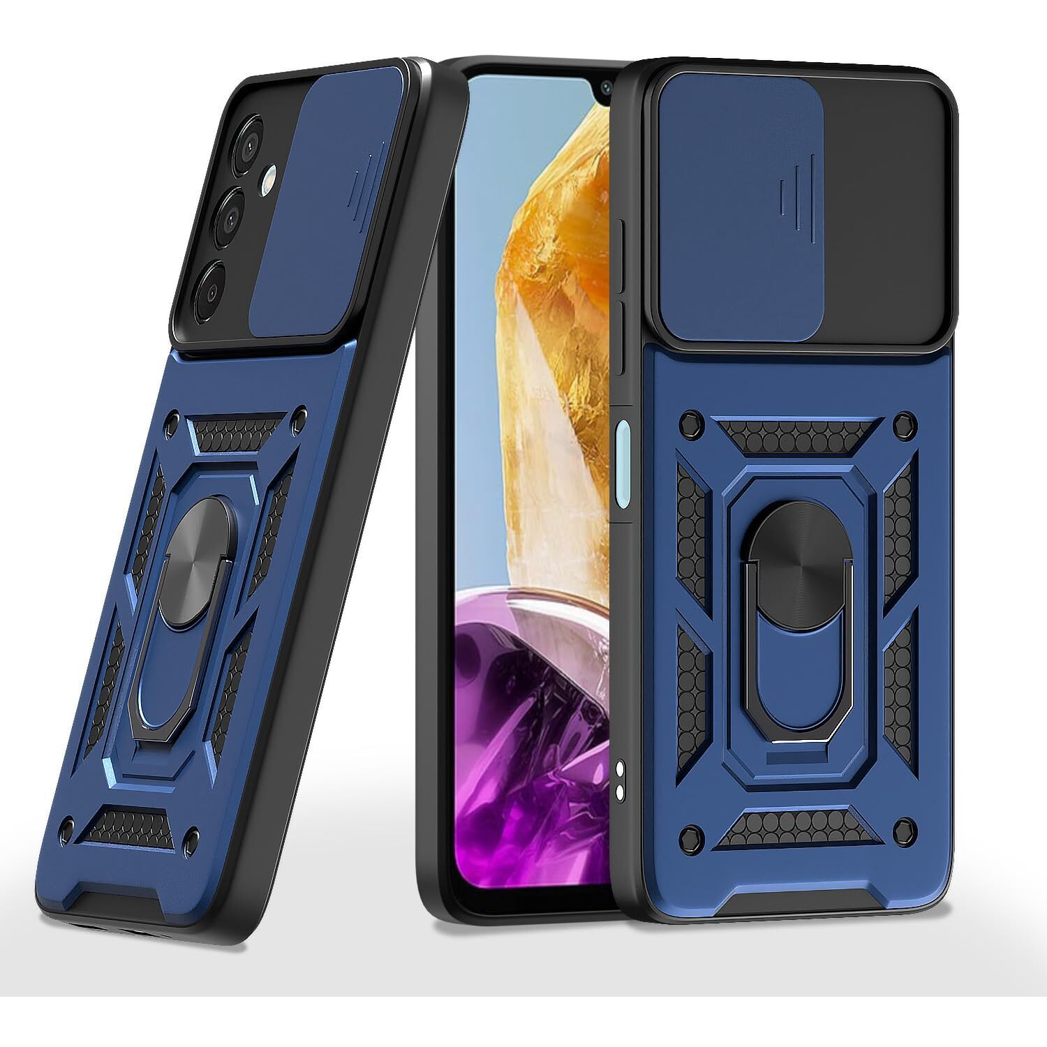 Pikkme D10 Tough Armor Bumper Case | 360 Protection Case | Sliding Camera Shield Cover & Ring Holder Stand Back Cover for Samsung Galaxy M35 5G (Blue)
