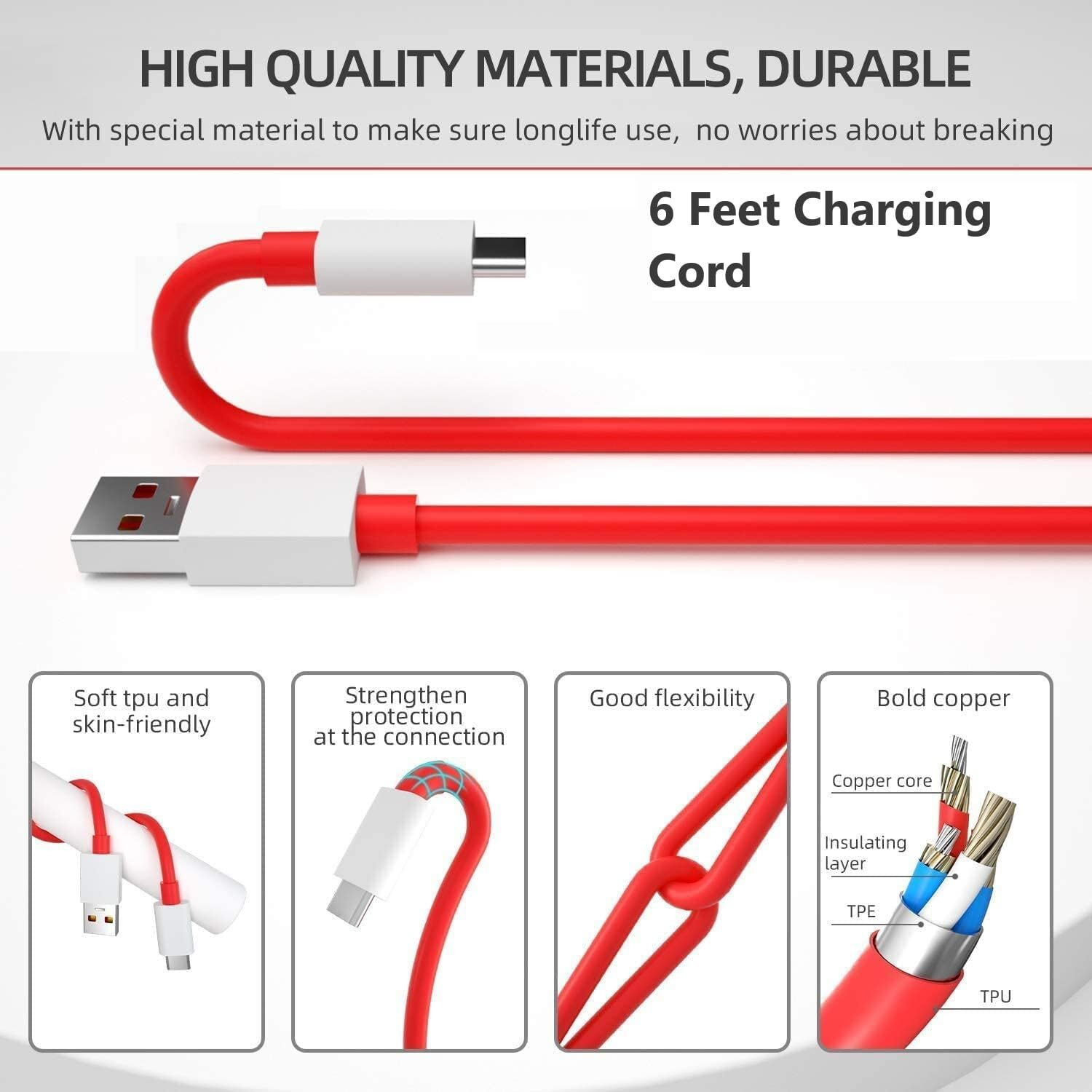 Sounce 80W Charging Cable USB to Type C Warp Charger SuperVooc/Dash Fast Charge Cable for Oneplus 11,11R,10 Pro,10R,10T,9RT,9R,8R,8T Charge Cable for 6/6T/7/7T,Nord,Ce2 Lite 5G,Ce 3 5G, Red - 2 Meter