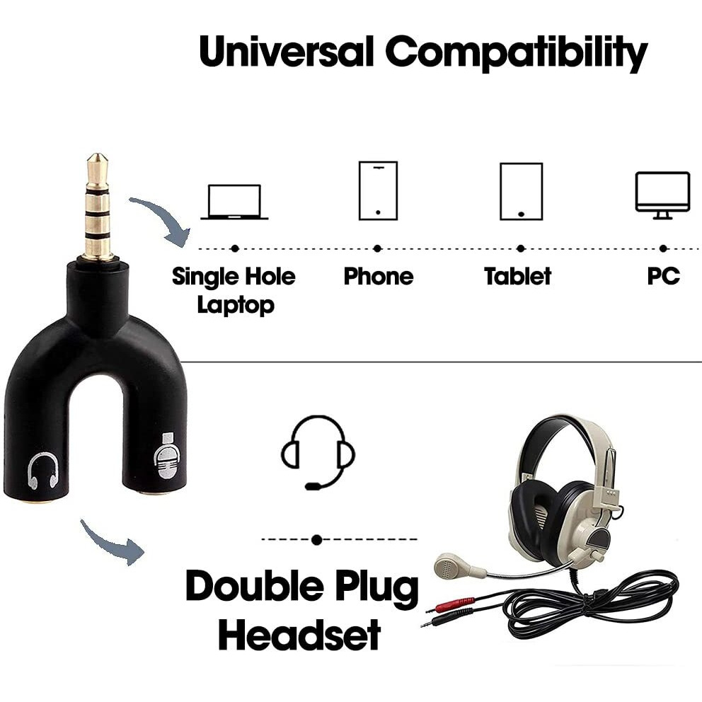 Sounce Audio Jack Headphones with mic, 3.5 mm Jack Splitter 2 Male 1 Female Black (U-Shape) (USPLITTER)