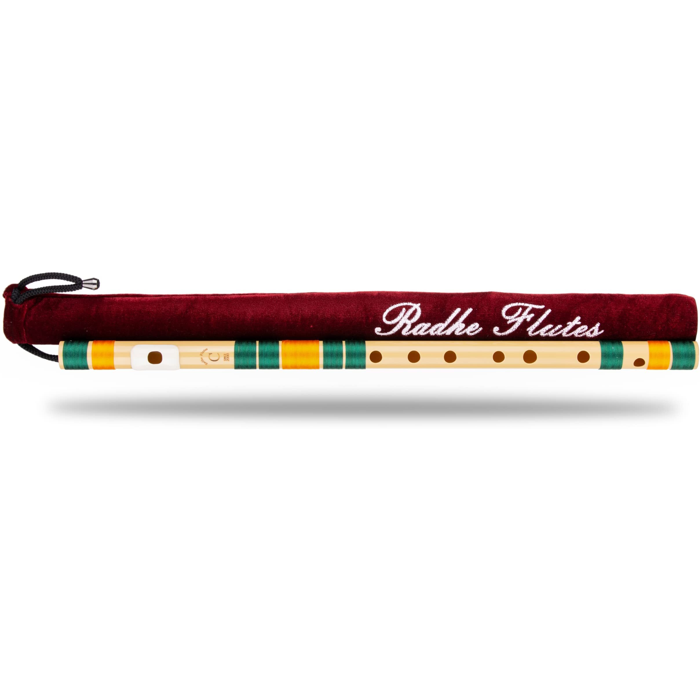 Radhe Flutes | Right Handed C Natural With Velvet Cover | Tuned With Tanpura A440Hz | PVC Fiber | Dark Green & Orange