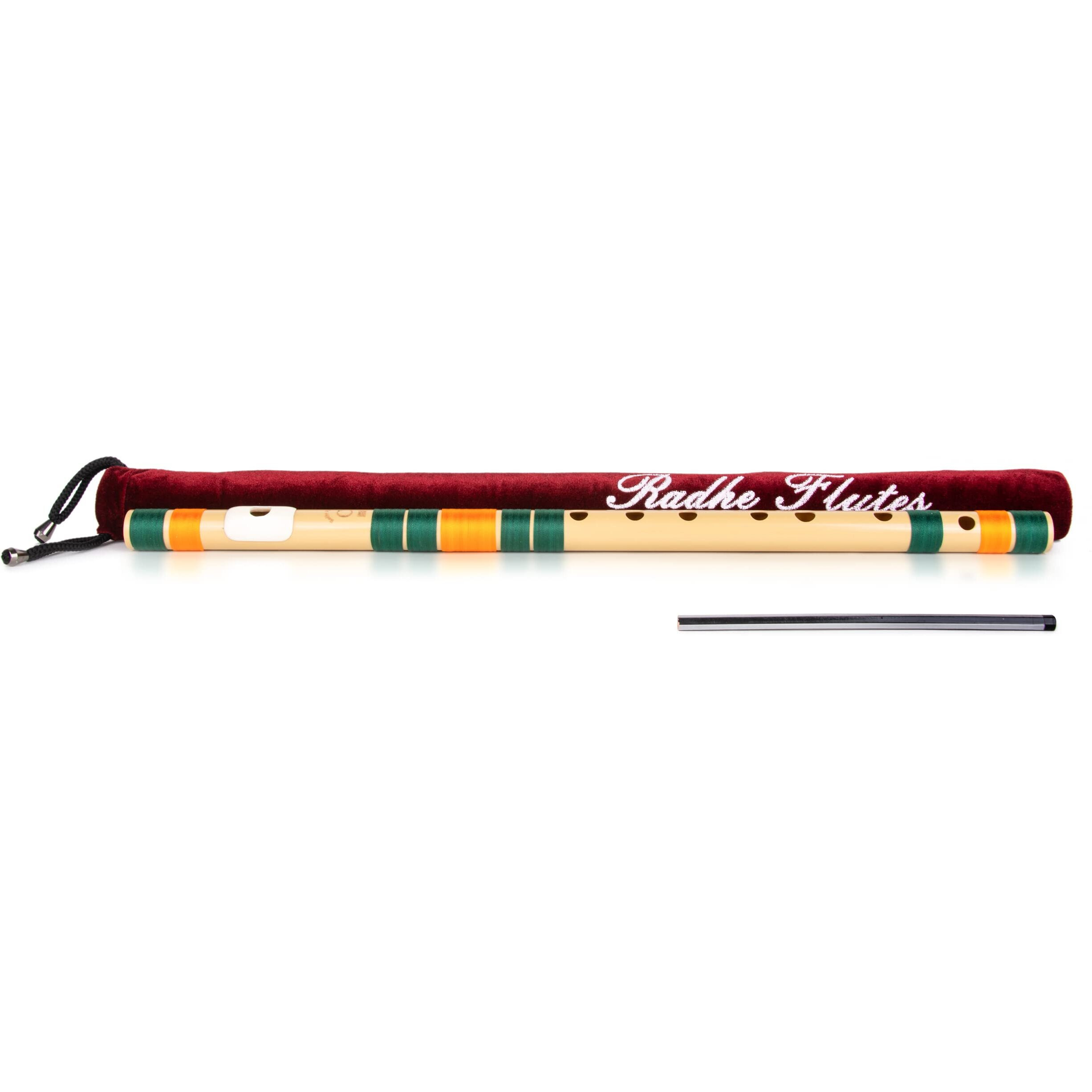Radhe Flutes | Right Handed C Natural With Velvet Cover | Tuned With Tanpura A440Hz | PVC Fiber | Dark Green & Orange