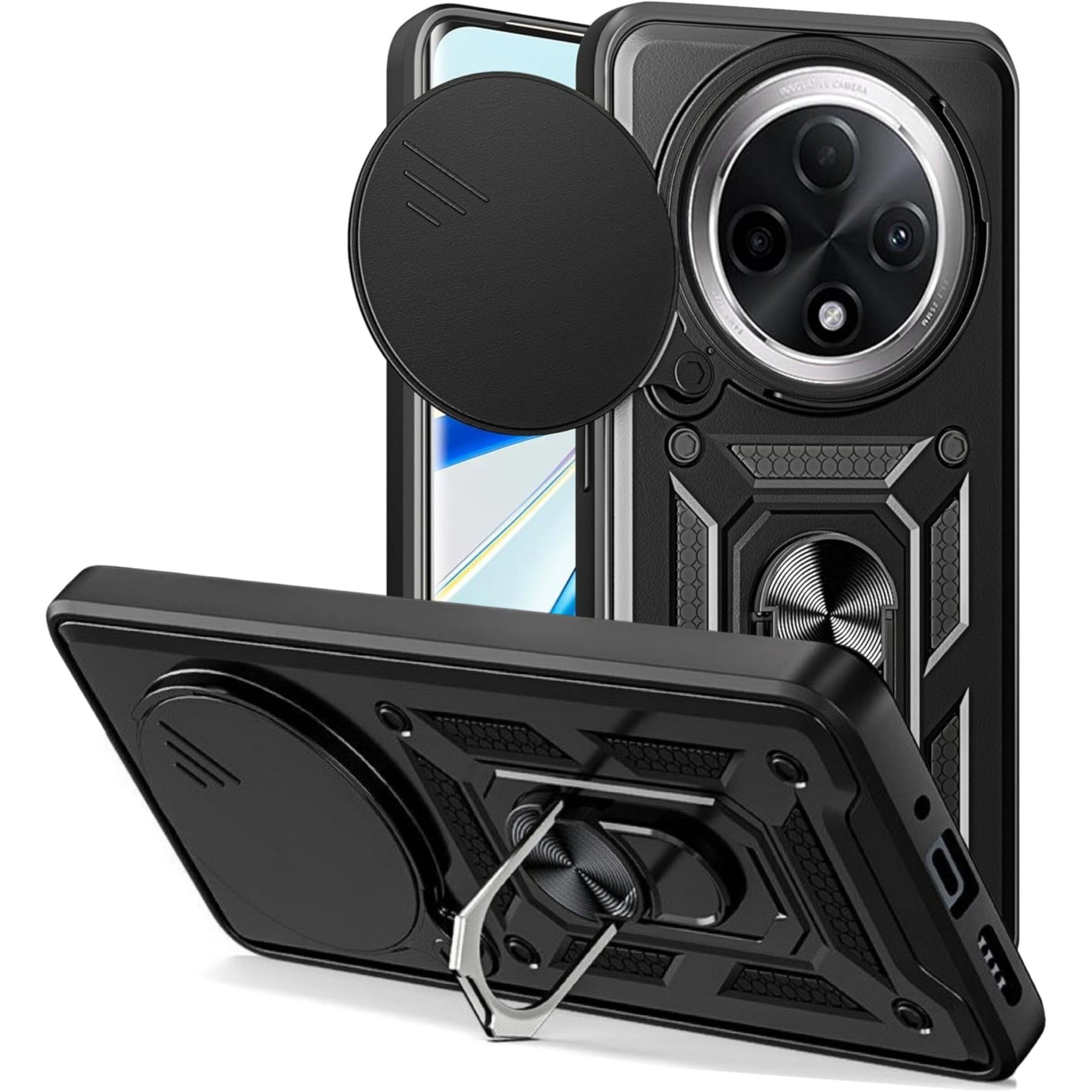 SPAZY CASE Oppo F27 Pro Plus 5G Back Cover | Heavy Duty Hybrid Case with 360 Degree Rotating Finger Ring Holder + Slider Shutter Camera Protection Case for Oppo F27 Pro Plus 5G 5G - Black