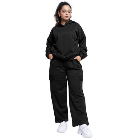 GRECIILOOKS Cotton Regular Woolen Co Ord Hoodie Set for Women Winter Wear | Full Sleeve (GL-W2067&TR1035_Black