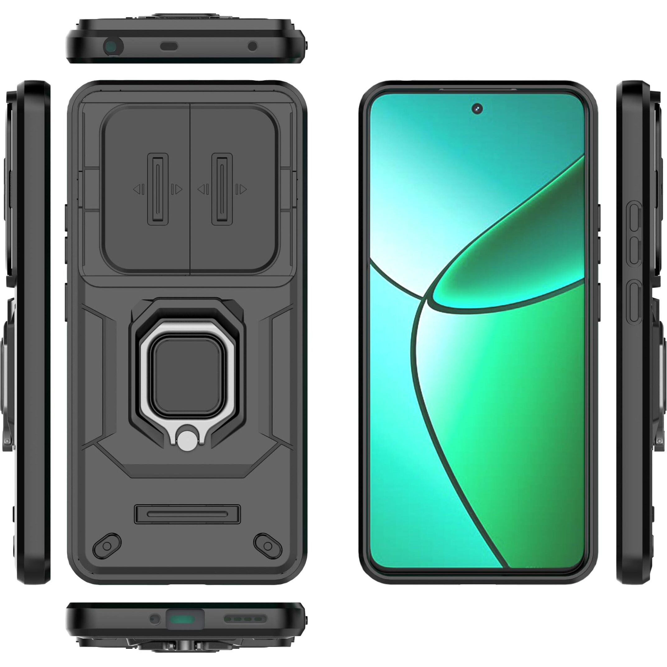 SHINESTAR Tough Armor Realme 12 Plus 5G / Realme P1 5G / Narzo 70 5G / Narzo 70 Pro 5G Bumper Back Case Cover | Ring Holder & Sliding Camera Shield Cover | 360 Degree Protection Back Case