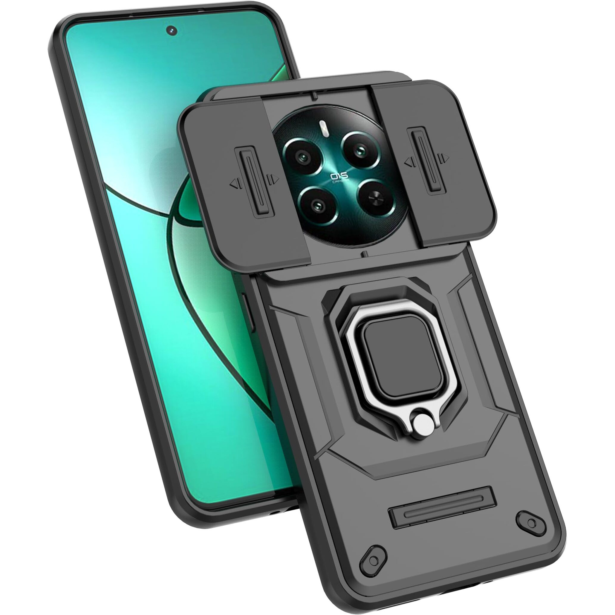 SHINESTAR Tough Armor Realme 12 Plus 5G / Realme P1 5G / Narzo 70 5G / Narzo 70 Pro 5G Bumper Back Case Cover | Ring Holder & Sliding Camera Shield Cover | 360 Degree Protection Back Case