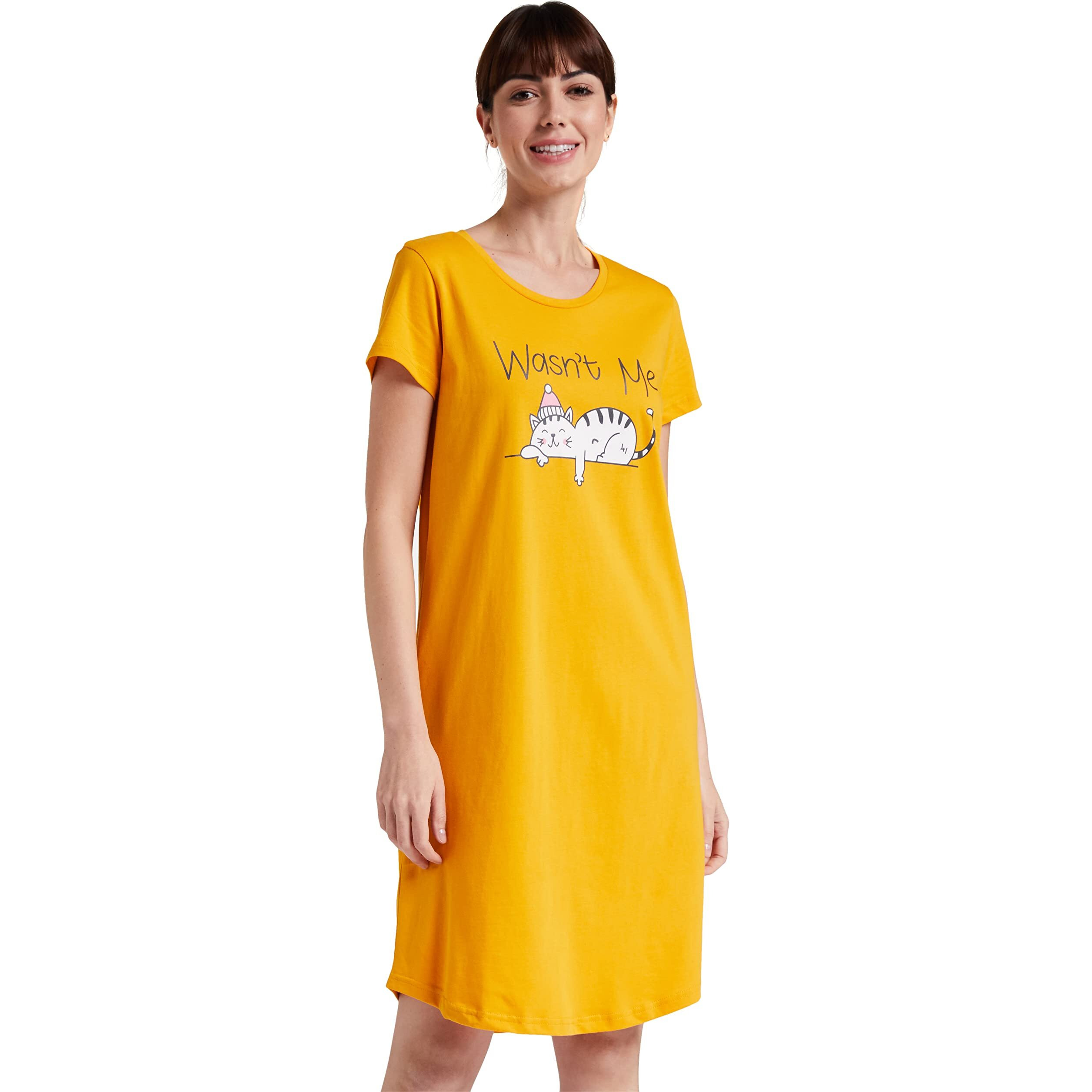 Amazon Brand - Symbol Women's Cotton Graphic Print Knee Length Night Gown (EI/SW/CMDR01_Yellow_XL_Yellow_XL)