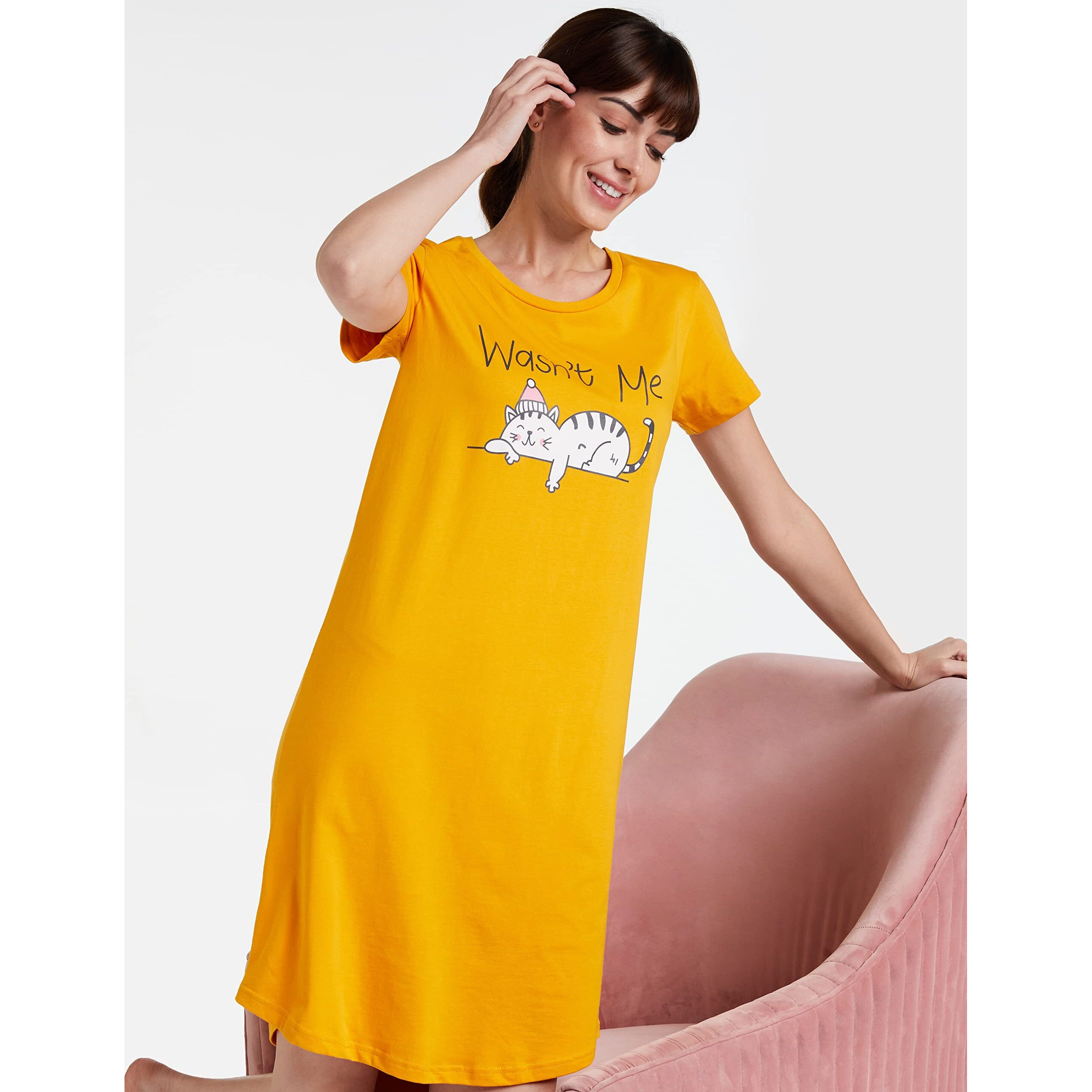 Amazon Brand - Symbol Women's Cotton Graphic Print Knee Length Night Gown (EI/SW/CMDR01_Yellow_XL_Yellow_XL)