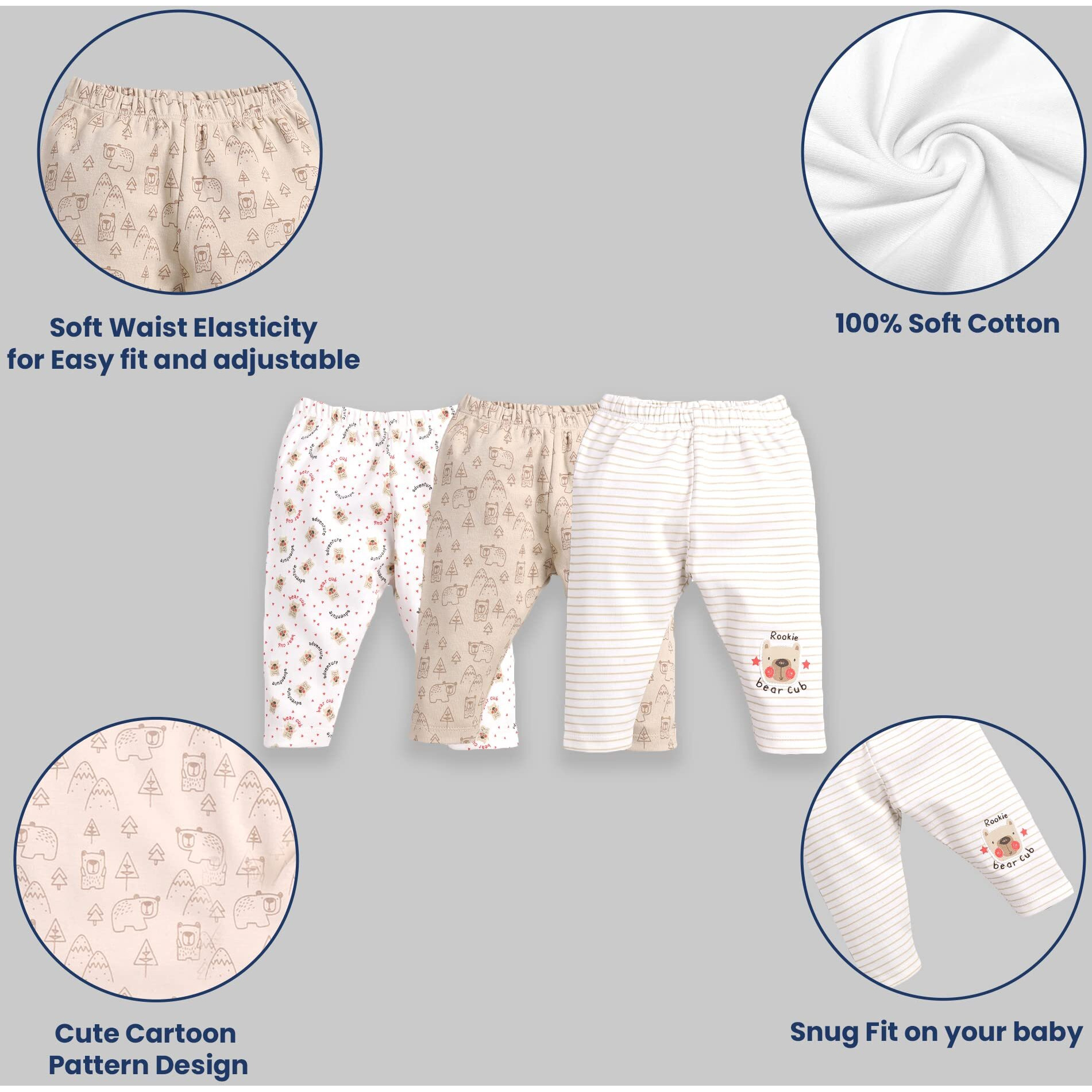 BABY GO 0-3M/3-6M/6-9M/9-12M 100% Pure Cotton Pack of 3 Pyjamas for Babies Beige